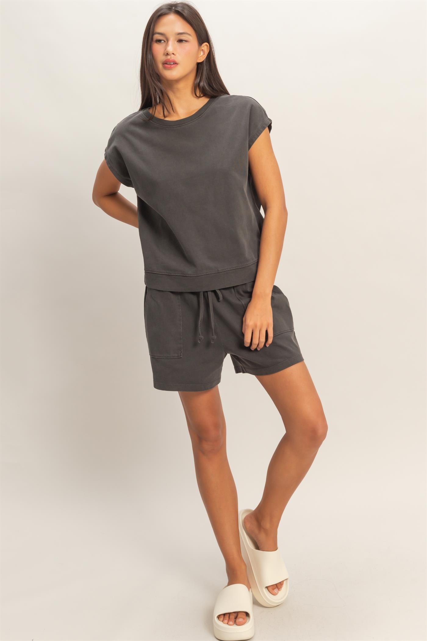 Wholesale Sleeveless Crew Neck Top and Shorts Set Clothing DZ26A028-SET BLACK DOUBLE ZERO
