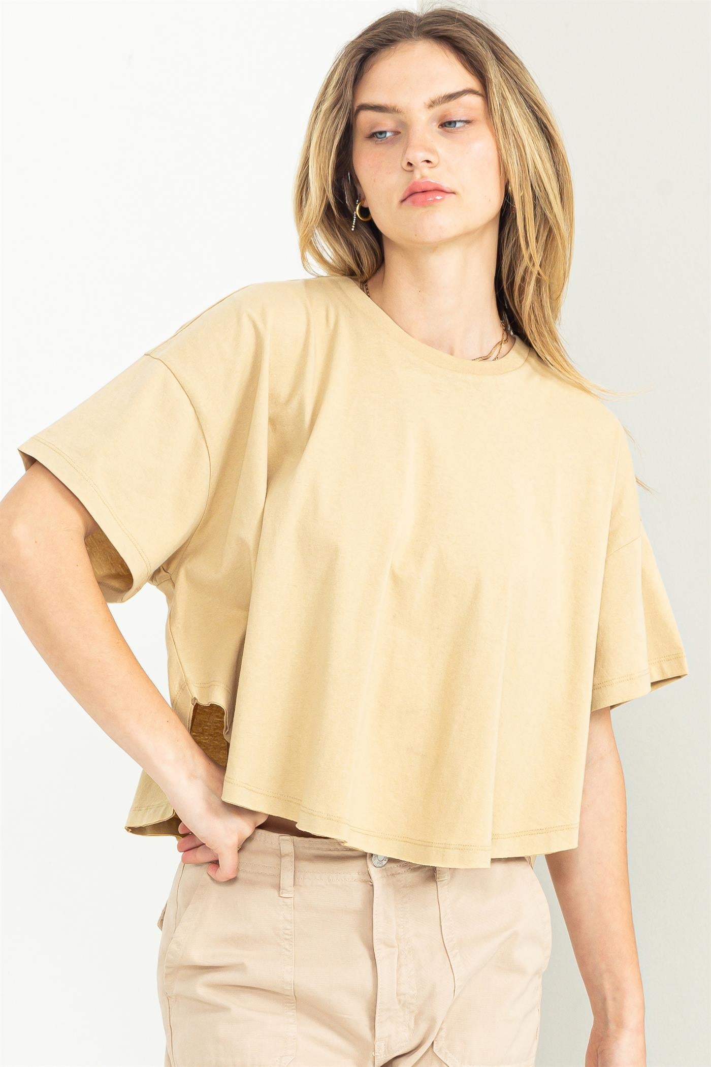 Wholesale Stay Easy Flutter Sleeve High-Low Top Clothing Tops DZ23C410 CAFFE LATTE DOUBLE ZERO