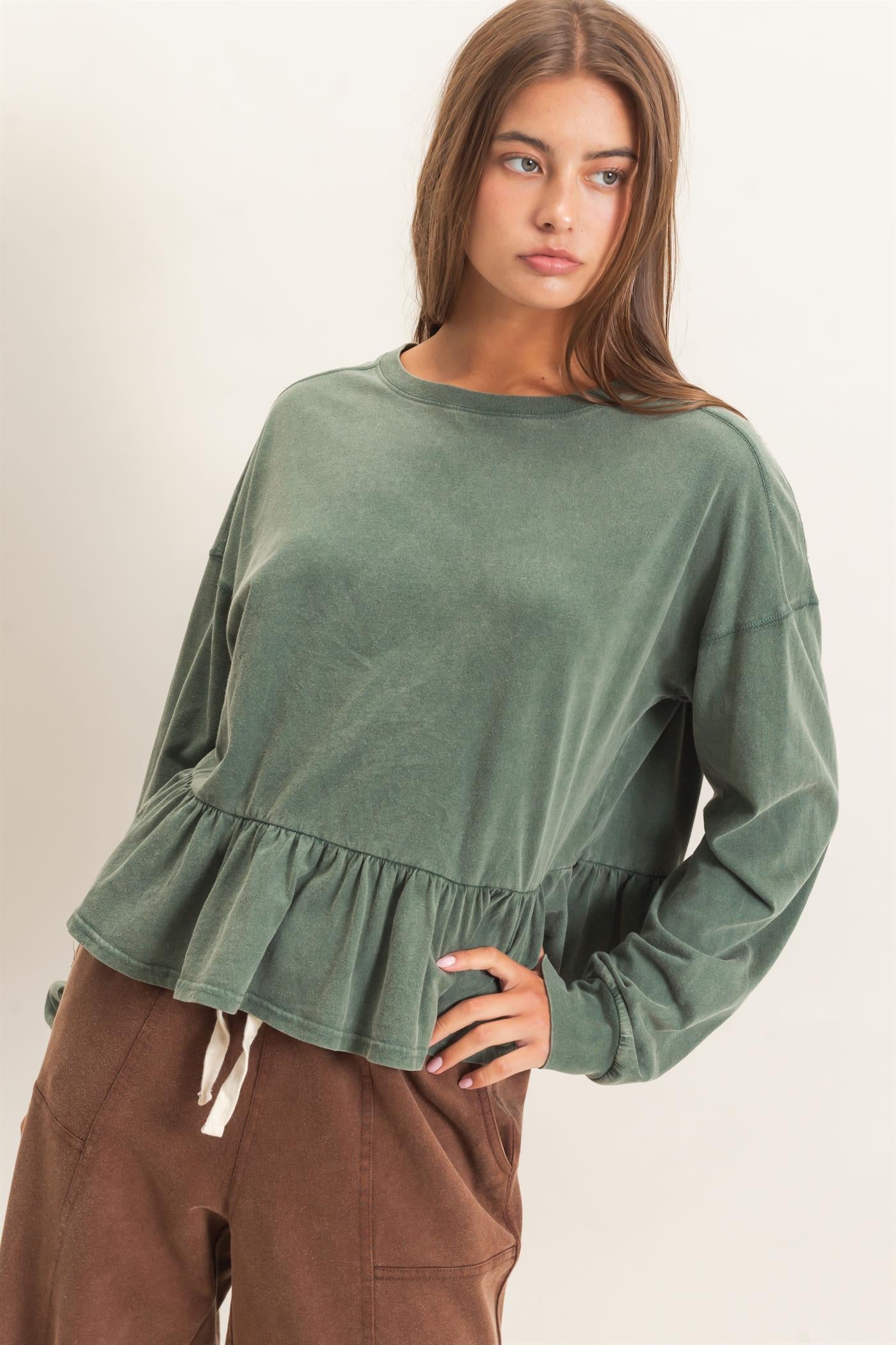Wholesale Peplum Long Sleeve Top Clothing Tops DZ26F397 DARK GREEN DOUBLE ZERO