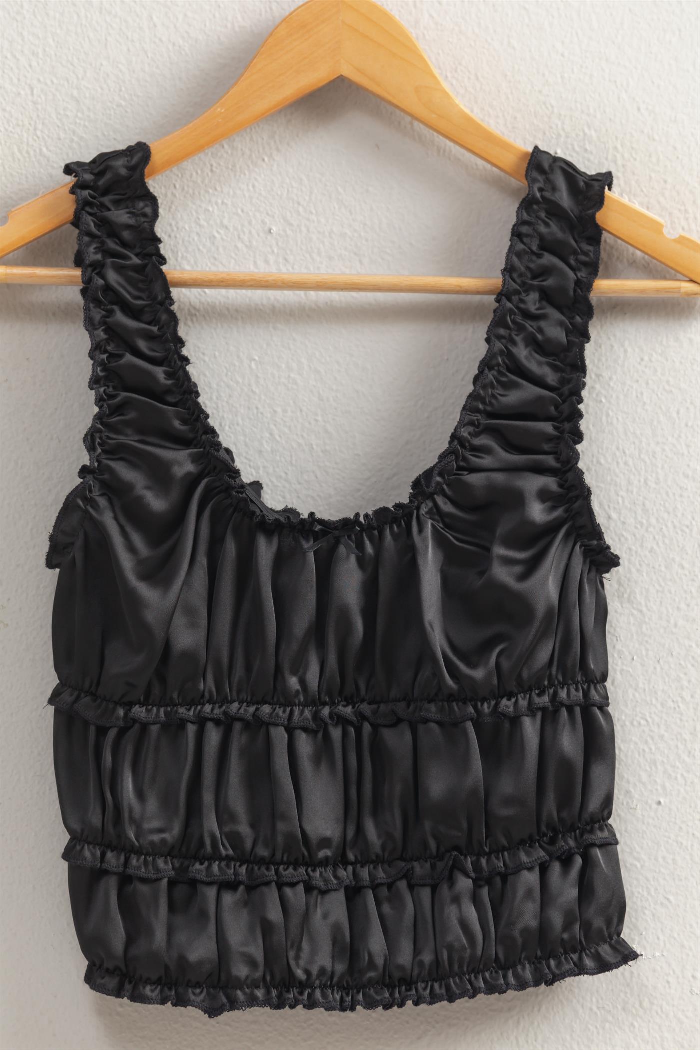 Wholesale Ruched Satin Sleeveless Crop Top Clothing Tops DZ25C172 BLACK DOUBLE ZERO