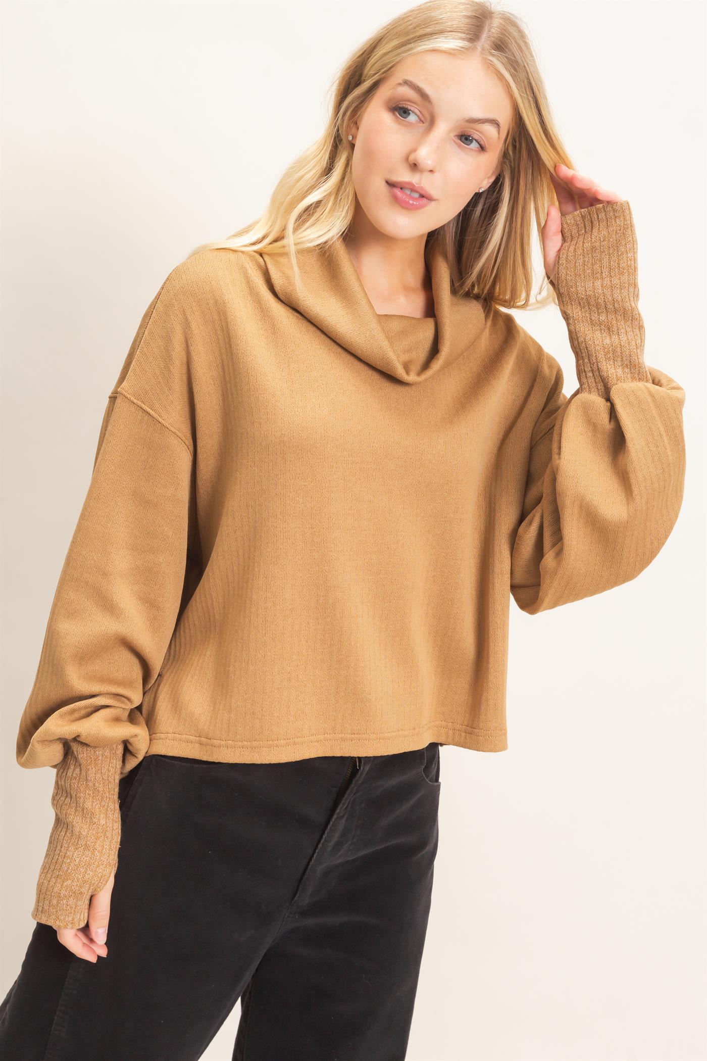 Wholesale Loose Turtleneck Long Sleeve Top Clothing Tops HF26F258 LIGHT BROWN HYFVE