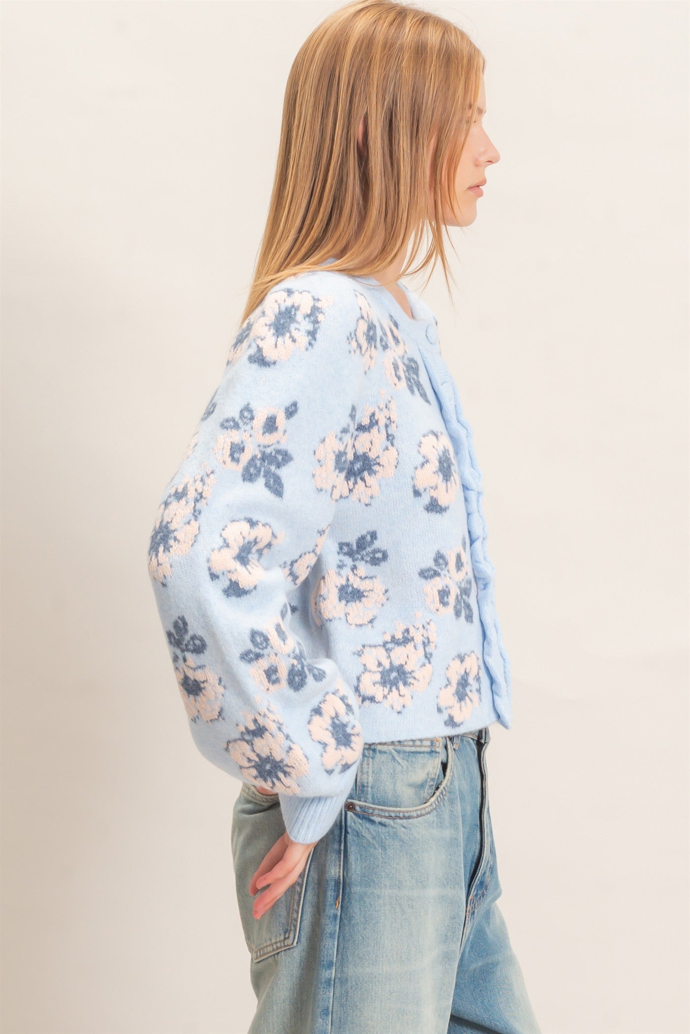 Wholesale Floral Jacquard Ruffle Placket Cardigan Cardigans HF26F148 BLUE HYFVE