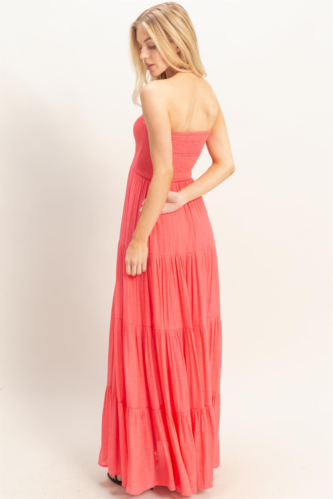 Wholesale Smocked Elastic Neck Maxi Dress Dresses HF26C284-D CORAL RED HYFVE