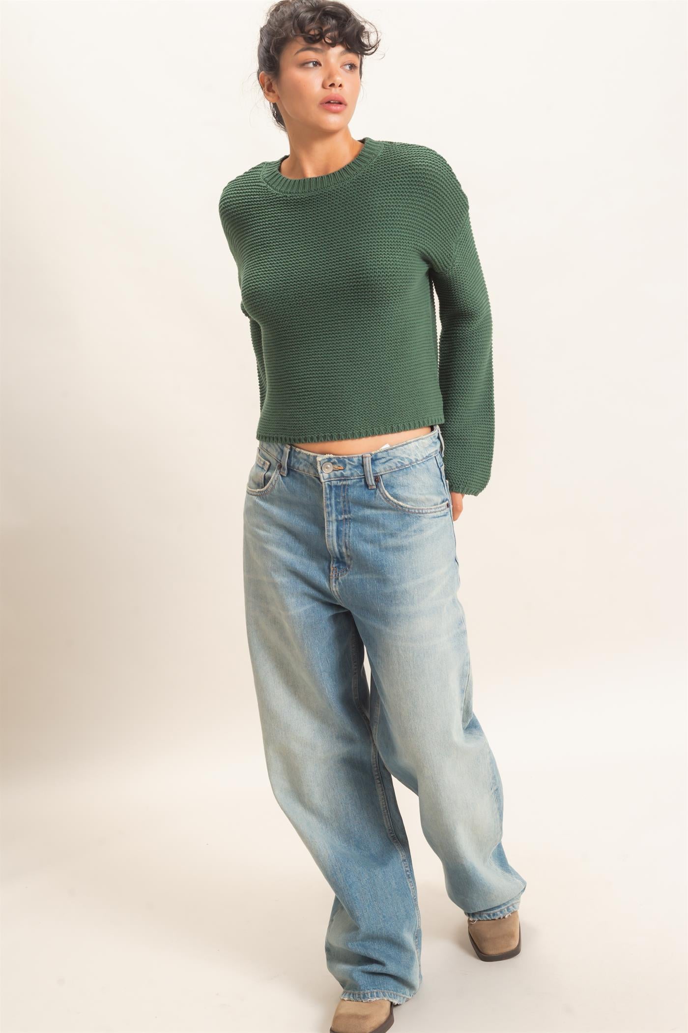 Wholesale Textured Knit Crew Neck Sweater Sweaters DZ26F395 DARK GREEN DOUBLE ZERO