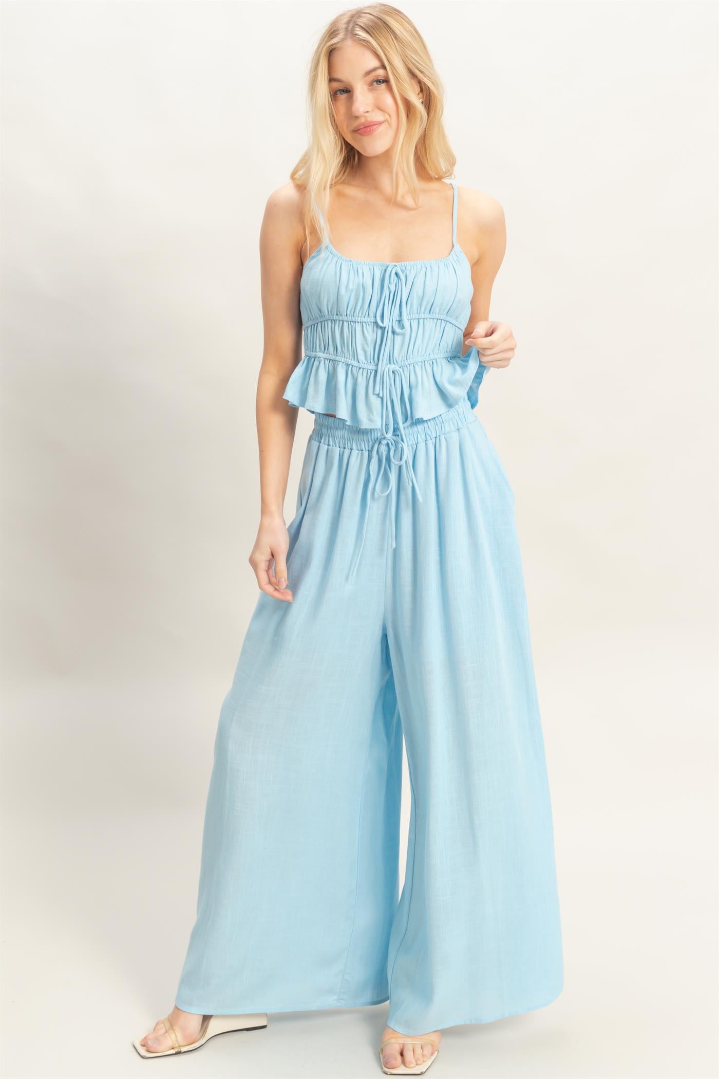 Wholesale Tiered Tank & Palazzo Set Clothing HF26C316-SET-D LIGHT BLUE HYFVE