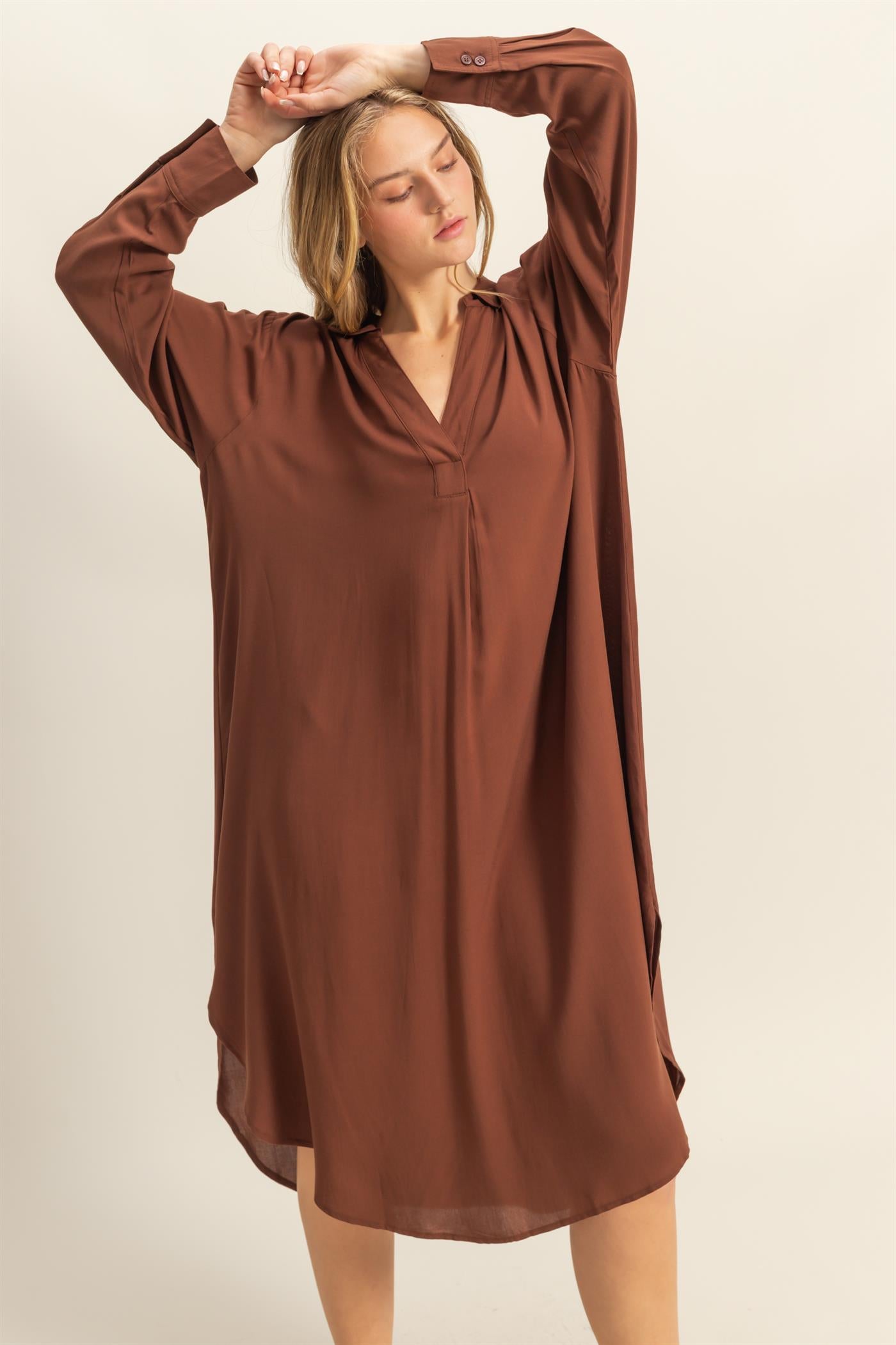 Wholesale V-Neck Long Sleeved Midi Shirts Dress Dresses DZ24E706 CHESTNUT DOUBLE ZERO