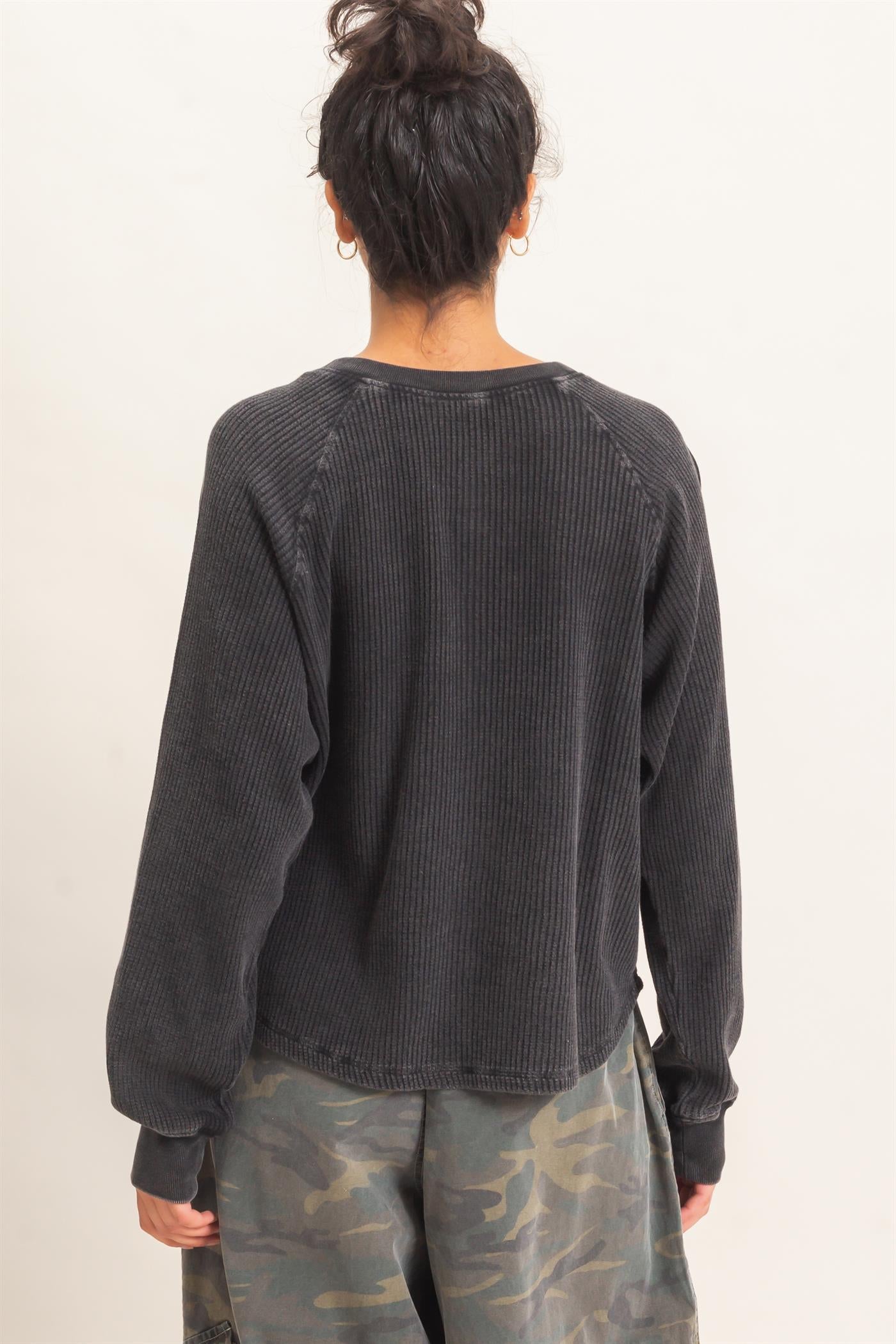 Wholesale Mineral Wash Waffle Knit Henley Top Sweatshirts DZ26E947 BLACK DOUBLE ZERO