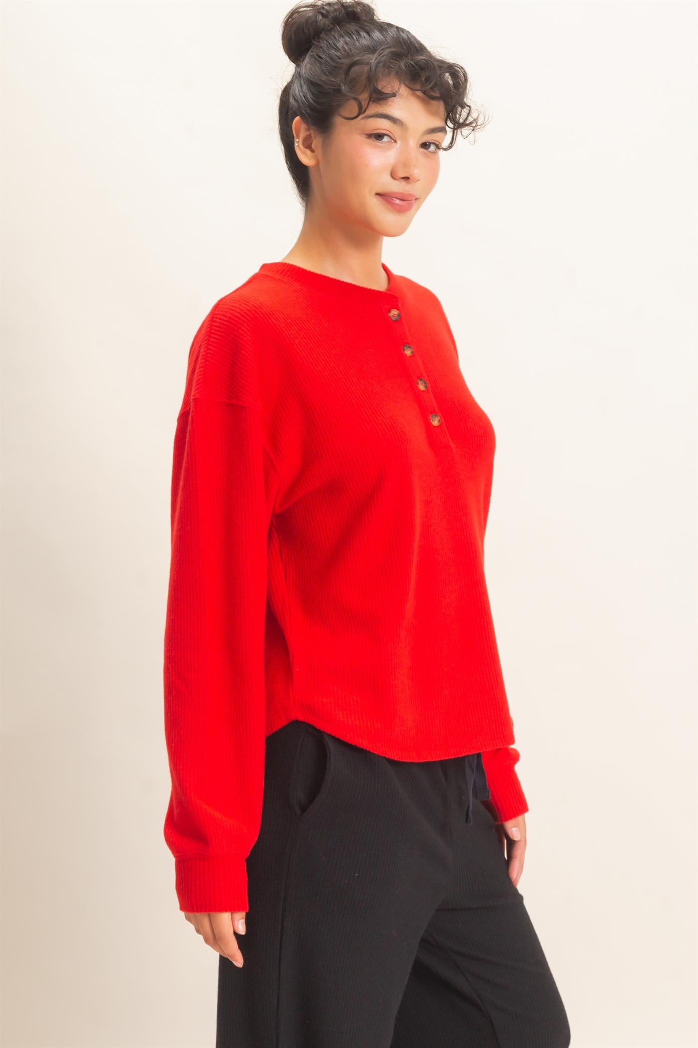 Wholesale Brushed Waffle Henley Top Clothing Tops DZ26F314 RED DOUBLE ZERO