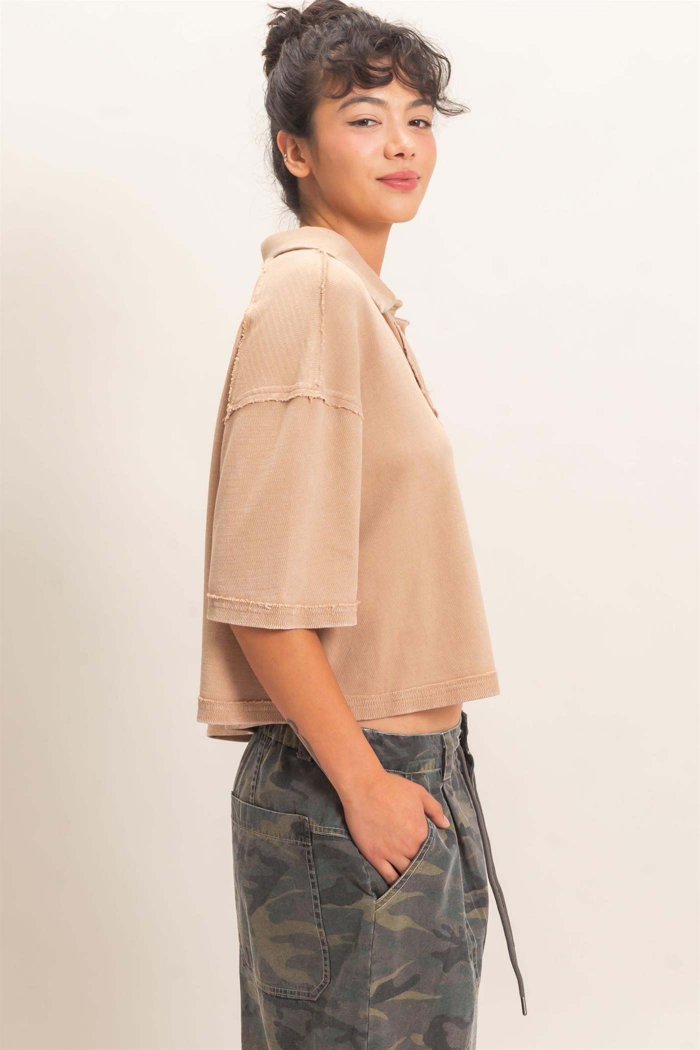 Wholesale Mineral Wash Oversized Collar Short Sleeve Top Clothing Tops DZ26E813 DARK TAUPE DOUBLE ZERO