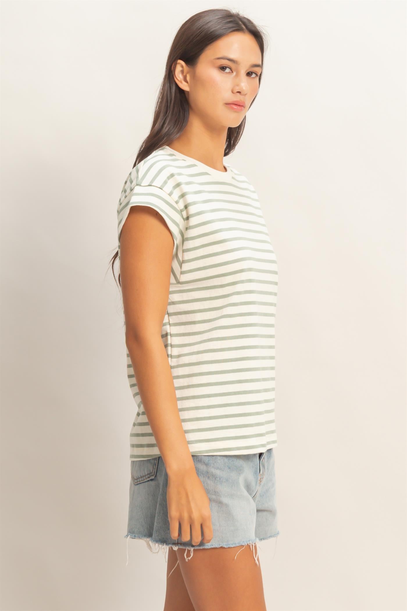 Wholesale Striped Cap Sleeve Relaxed Everyday Tee Clothing Tops DZ26C059 SAGE GREEN DOUBLE ZERO