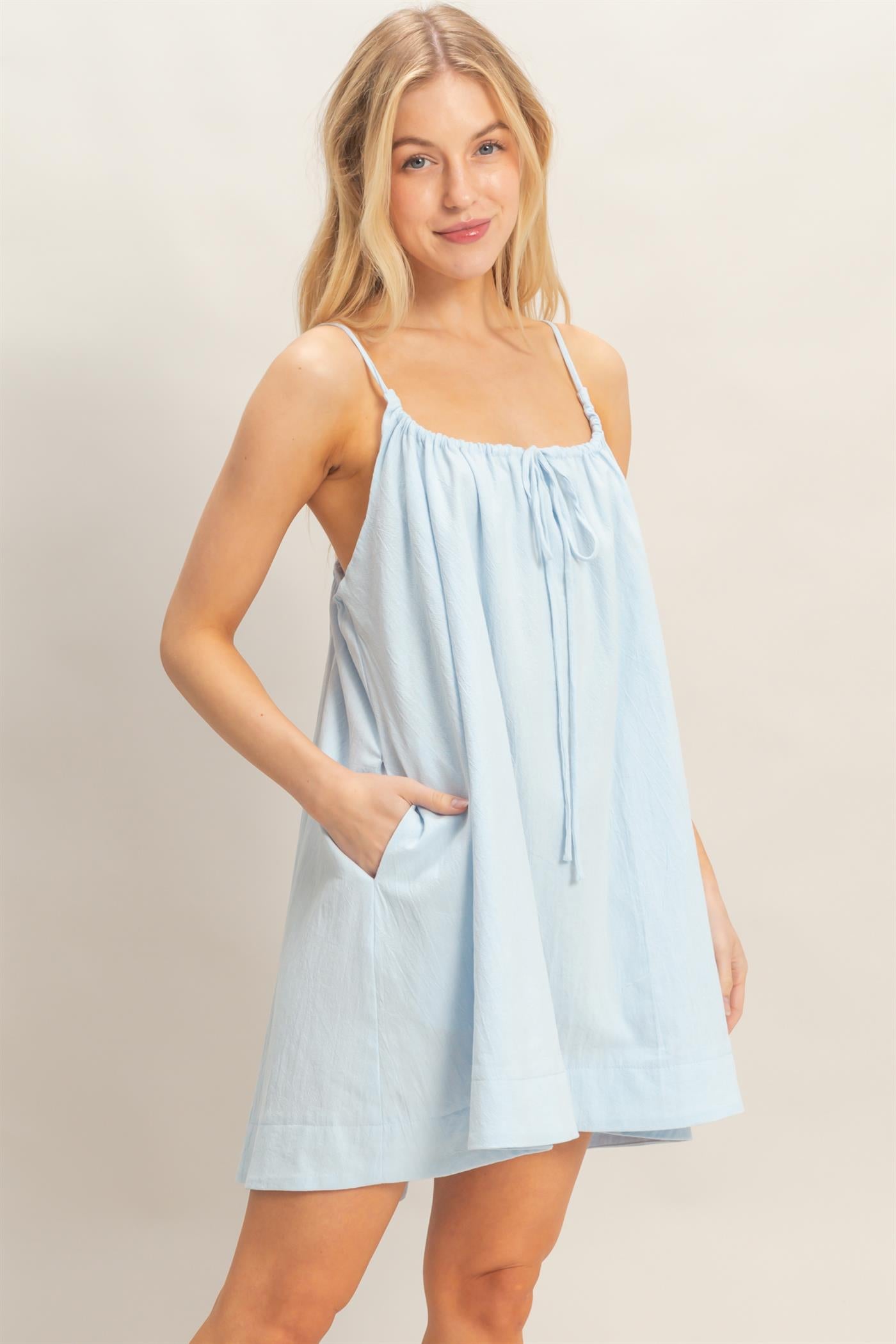 Wholesale Gathered Tie Strap Dress Dresses HF26A237 L.BLUE HYFVE