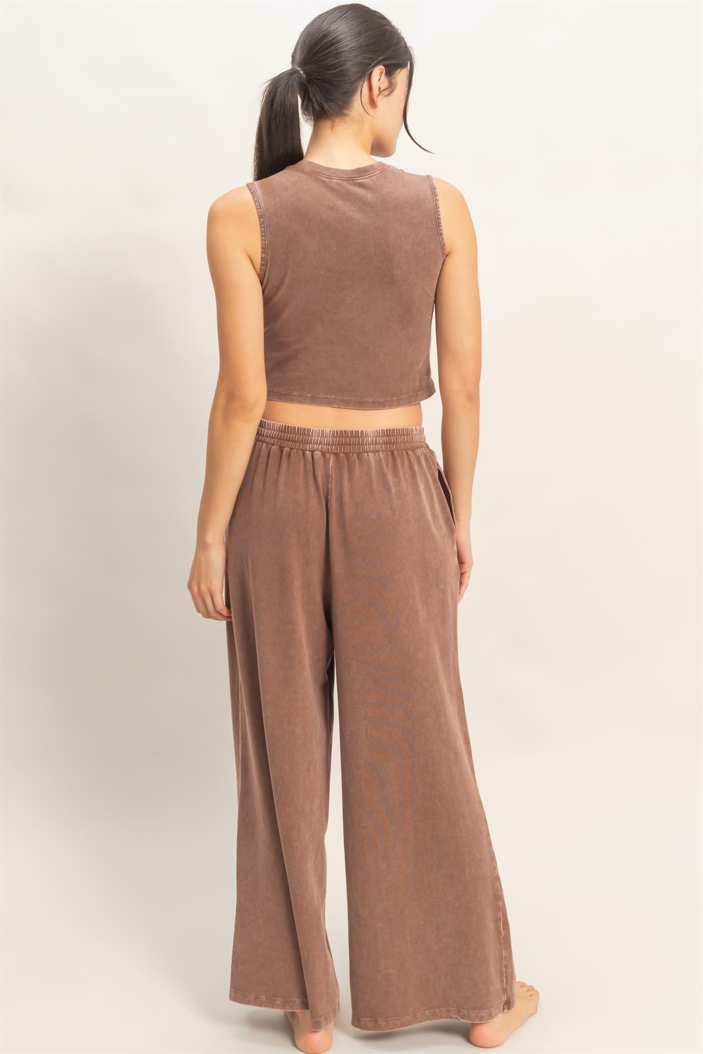 Wholesale Mineral Washed Sleeveless Top & Wide Leg Pants Set Clothing DZ26A371-SET CHOCOLATE DOUBLE ZERO