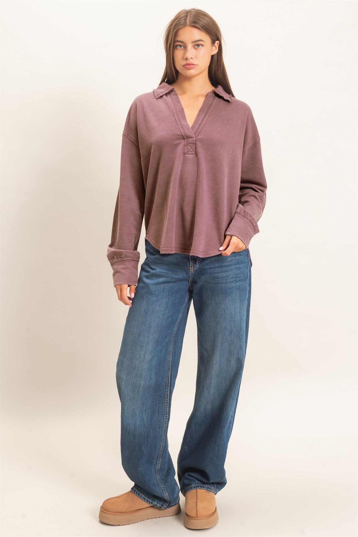 Wholesale Mineral Washed Polo Collar Long Sleeve Top Polos DZ26E887 DARK BROWN DOUBLE ZERO