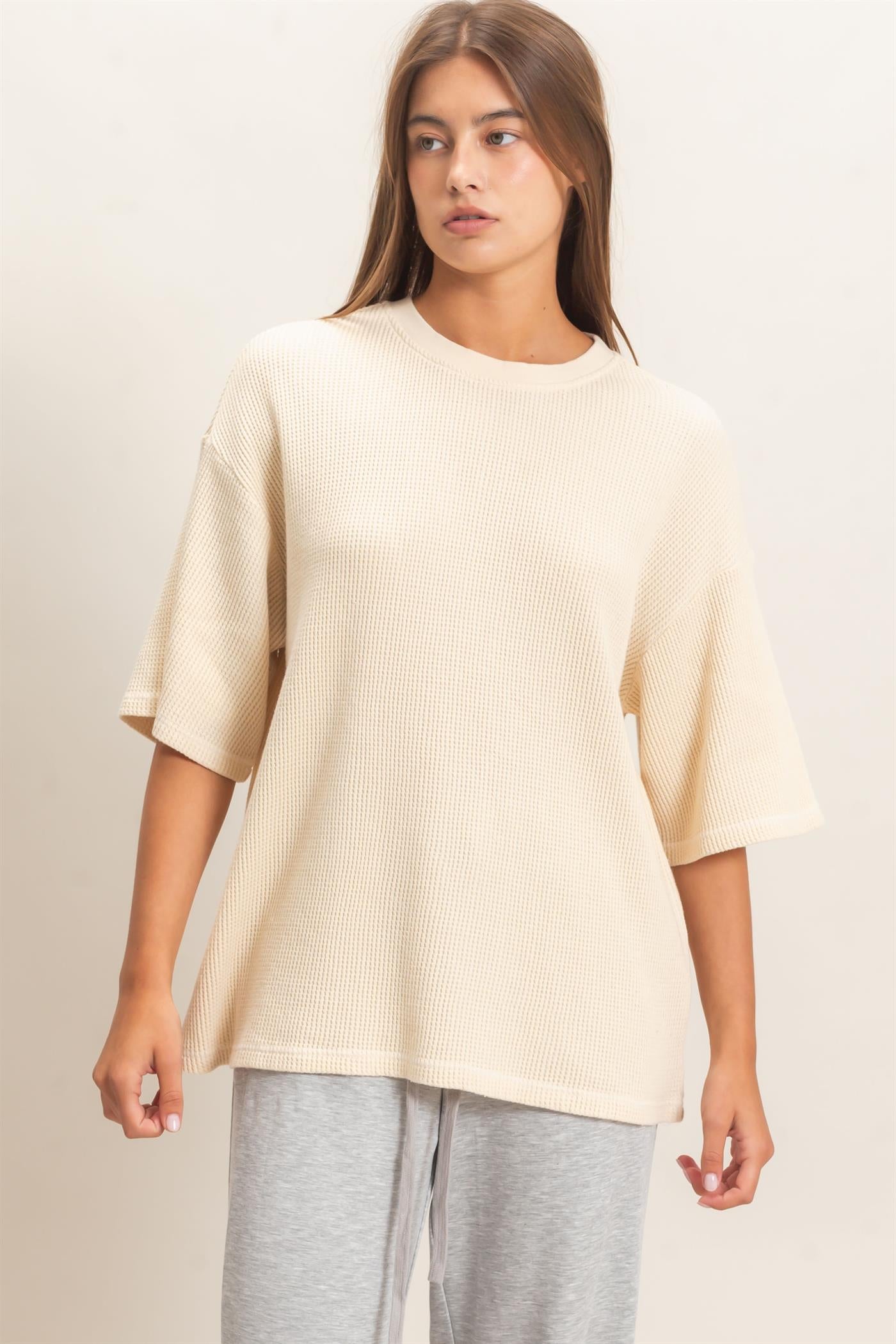 Wholesale Mineral Wash Waffle Crew Neck Short Sleeve Top Clothing Tops DZ26E328 ALPACA DOUBLE ZERO