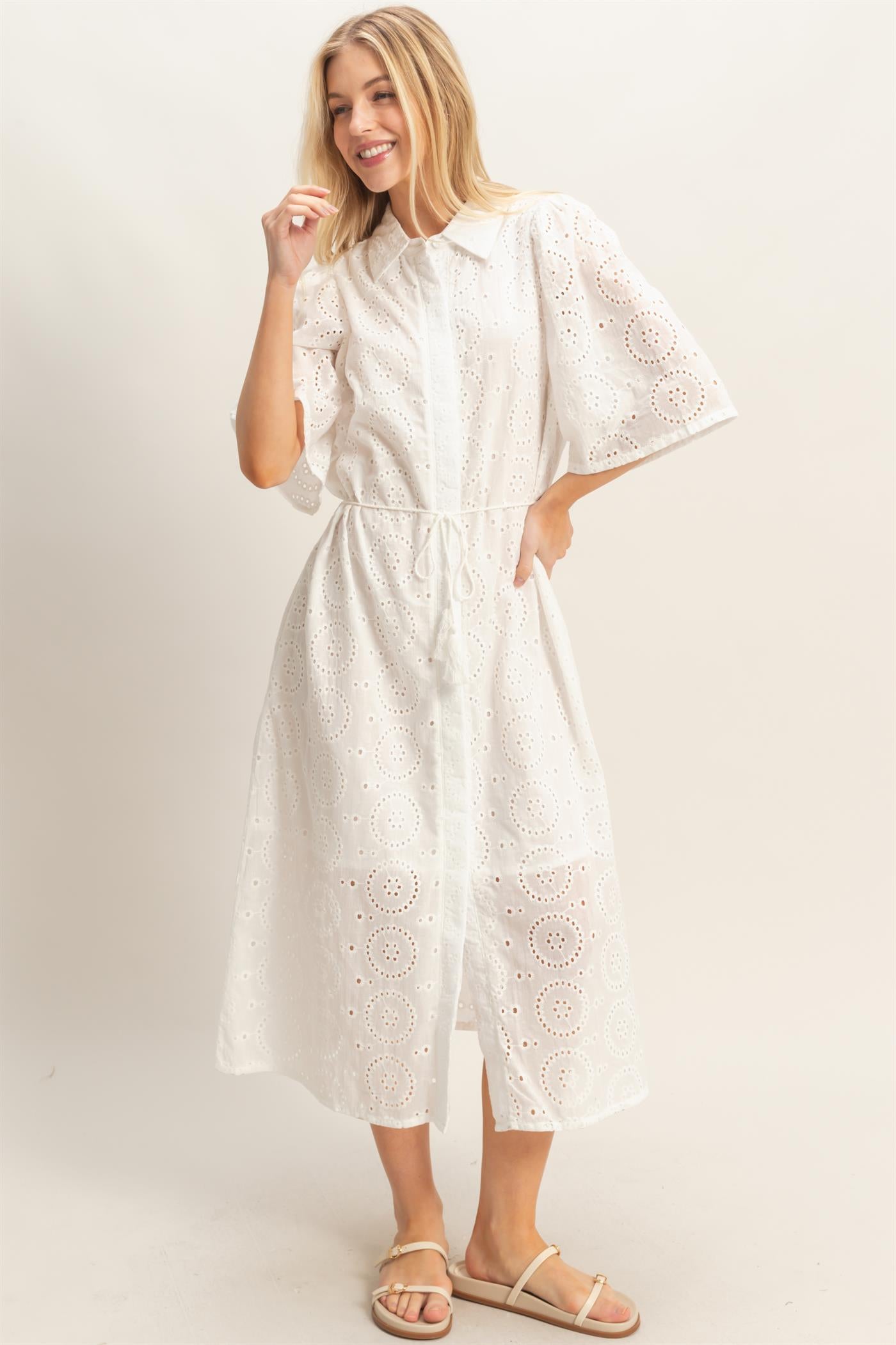 Wholesale Eyelet Collared Midi Dress Dresses HF26A021 WHITE HYFVE