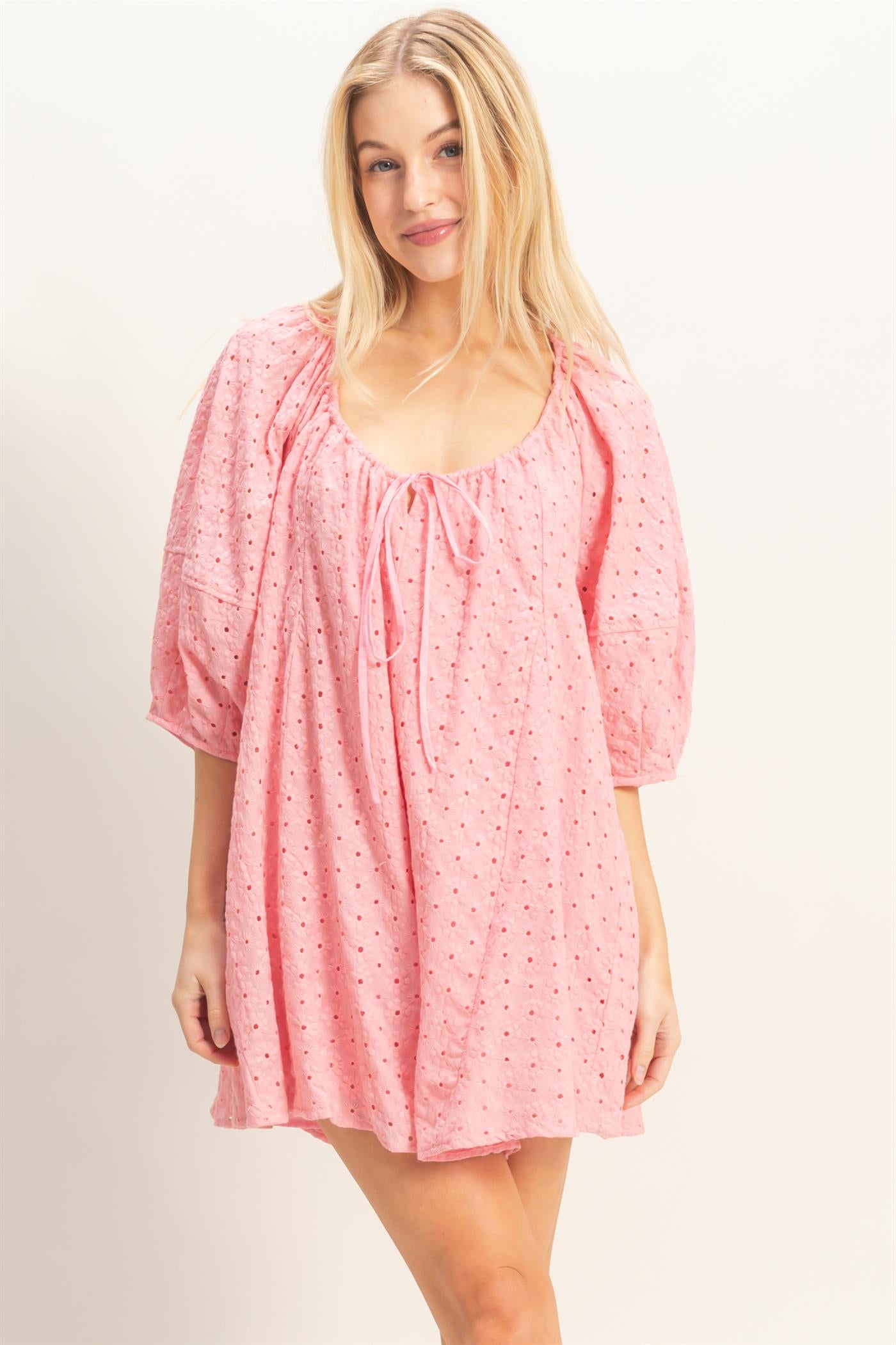 Wholesale Eyelet Babydoll Romper Clothing HF26A181 ROSE PINK HYFVE