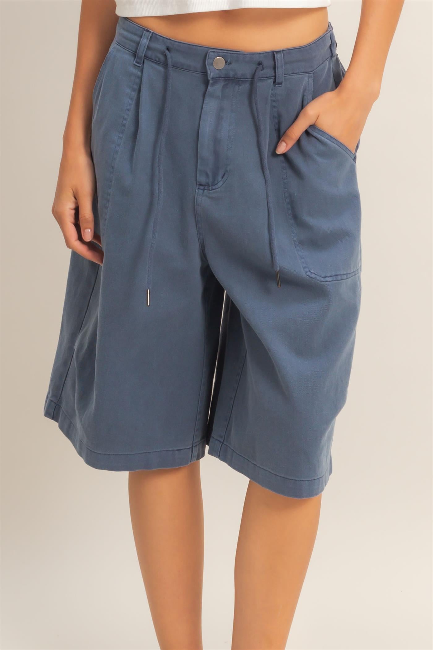 Wholesale Drawstring Waist Wide Leg Jorts Shorts DZ26F283 NAVY DOUBLE ZERO