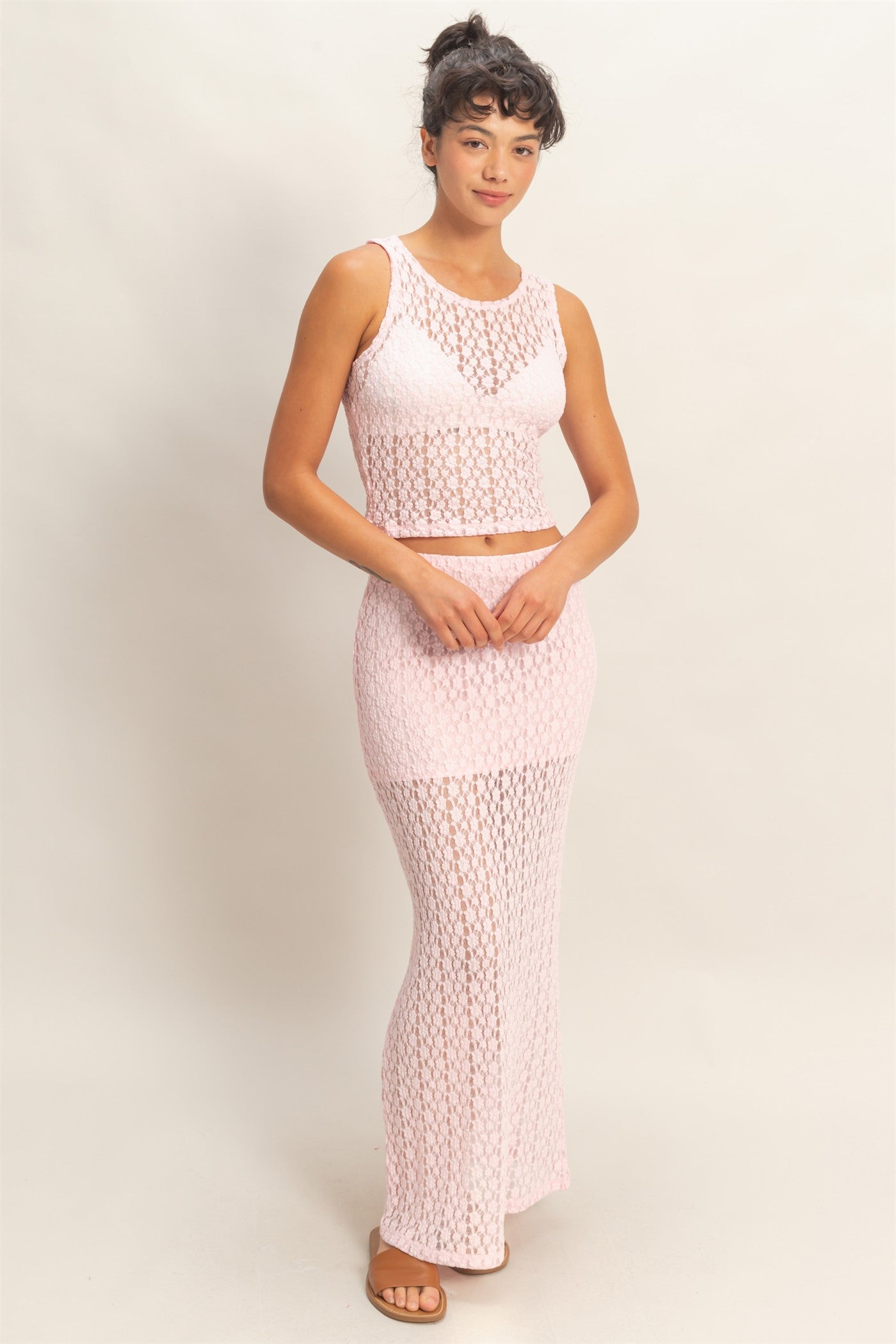 Wholesale Round Neck Lace Top & Lace Maxi Skirt Set Clothing DZ26C670-SET SOFT PINK DOUBLE ZERO