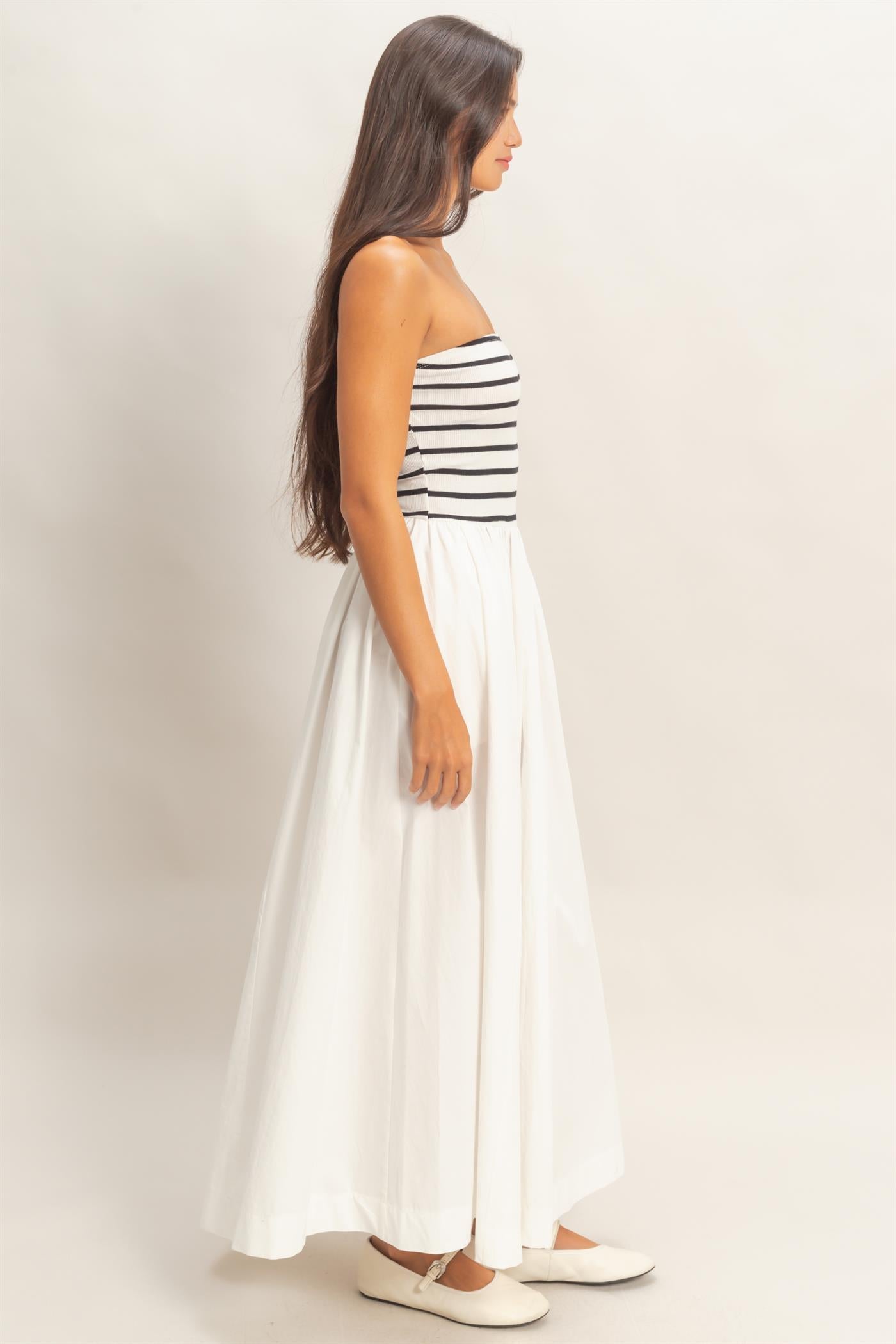 Wholesale Striped Strapless Flowy Midi Dress Dresses DZ26C169 WHITE DOUBLE ZERO