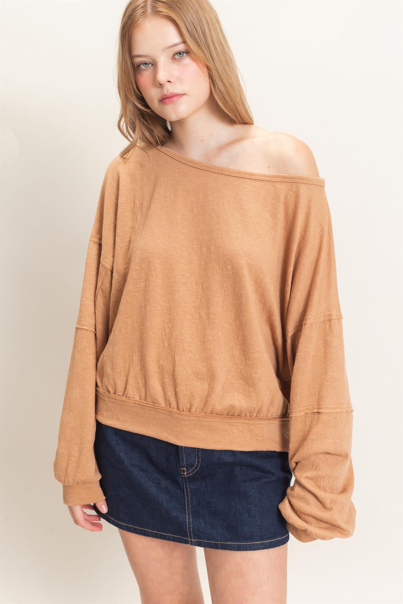 Wholesale Relaxed Boat Neck Long Sleeve Top Clothing Tops HF25F340 LIGHT BROWN HYFVE