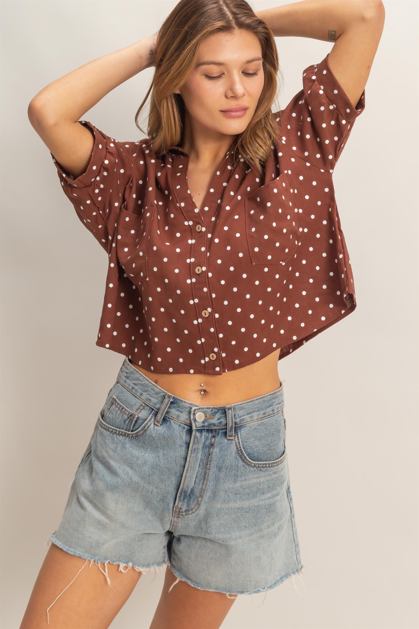 Wholesale Polka Dot Button-Up Shirt Shirts HF26E417-D CHESTNUT HYFVE