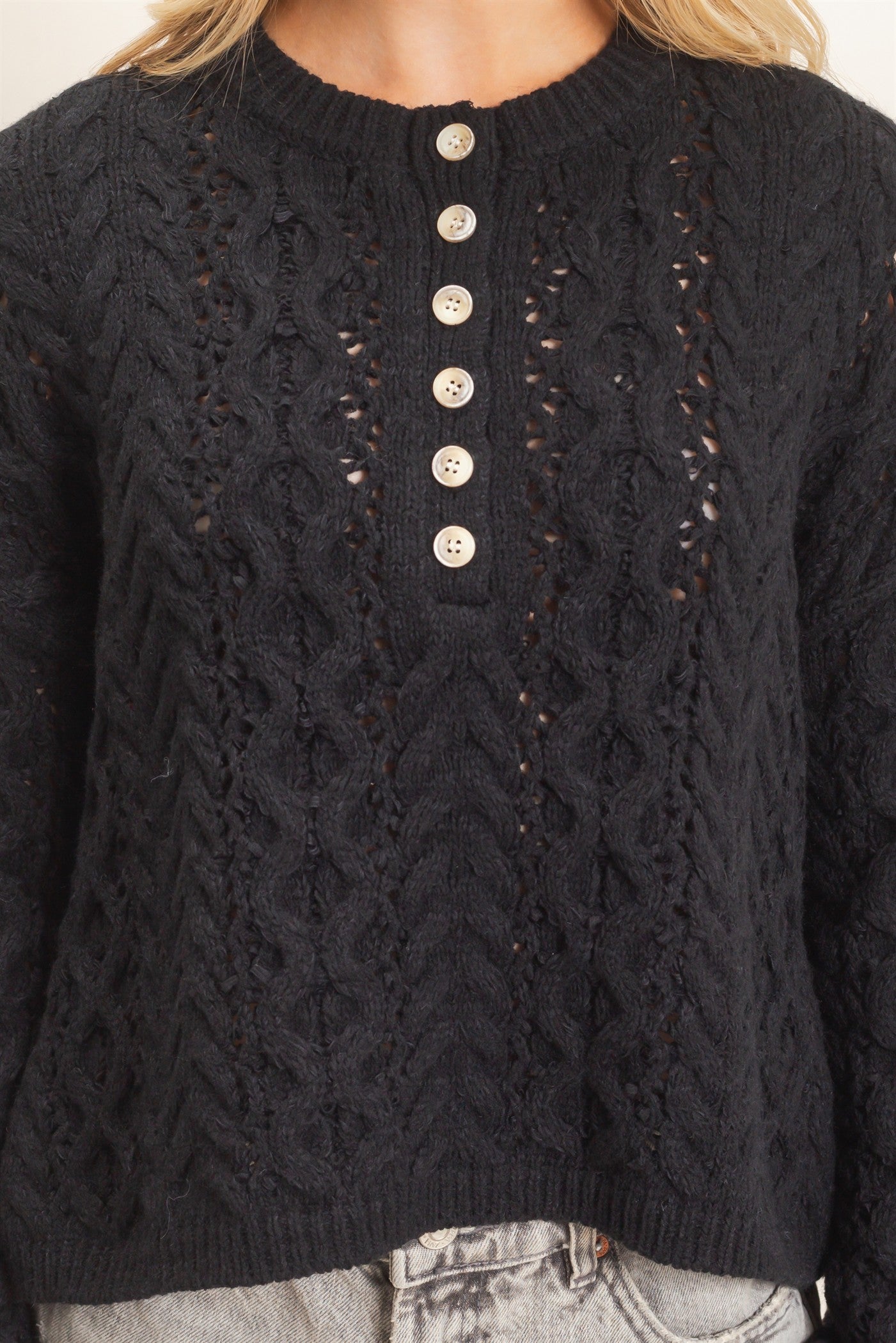Wholesale Cable Knit Henley Sweaters HF26E552 BLACK HYFVE