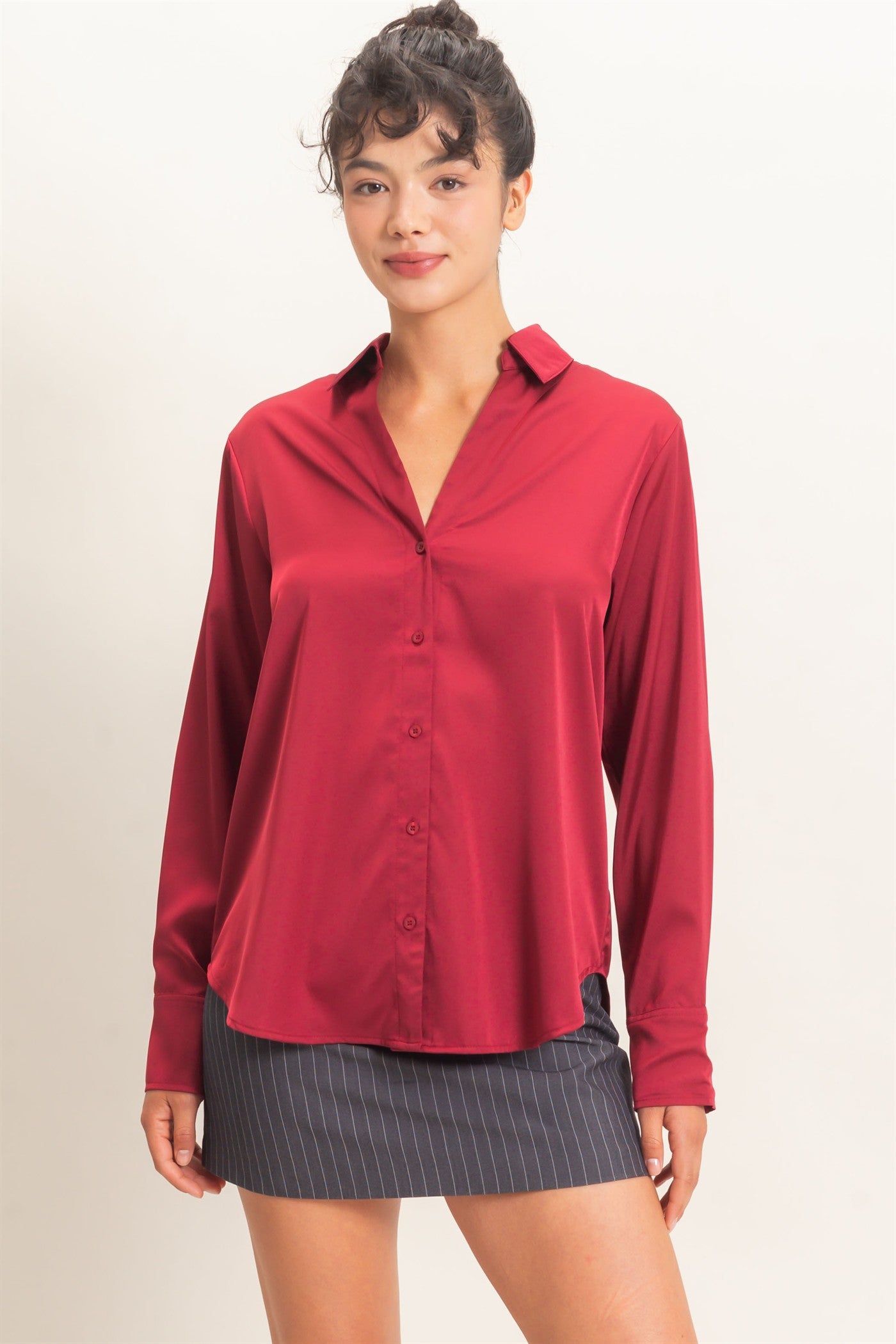 Wholesale Satin Button-Down Shirts Shirts DZ26E265 BURGUNDY DOUBLE ZERO