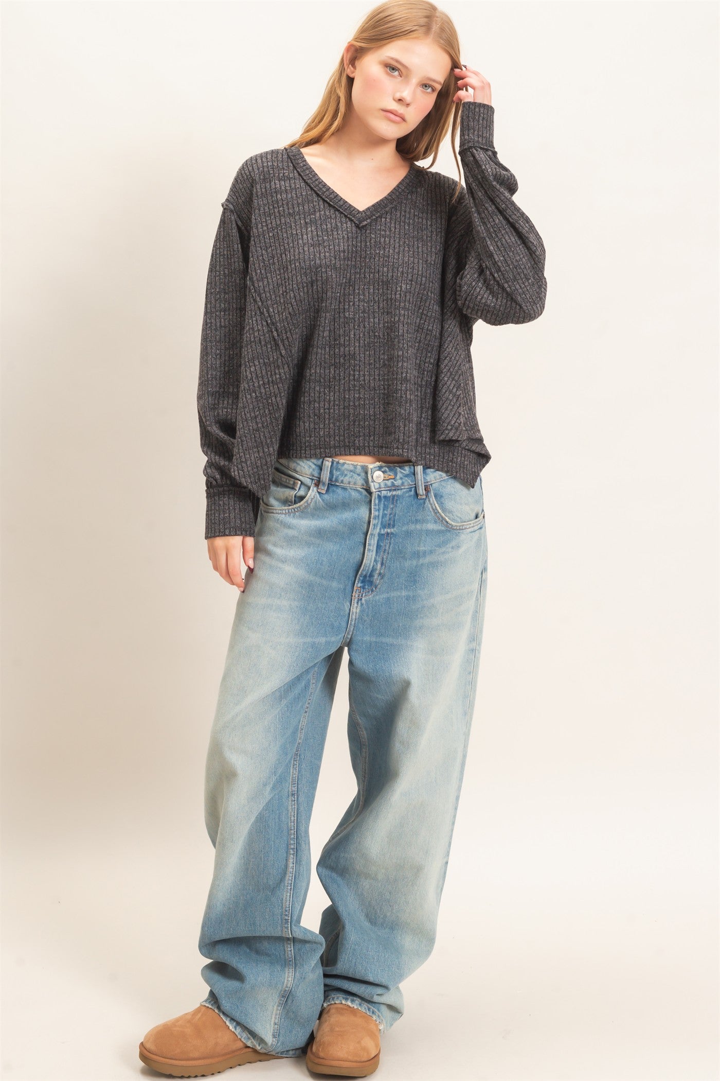 Wholesale Ribbed V-Neck Knit Top Shirts HF26F351 BLACK HYFVE