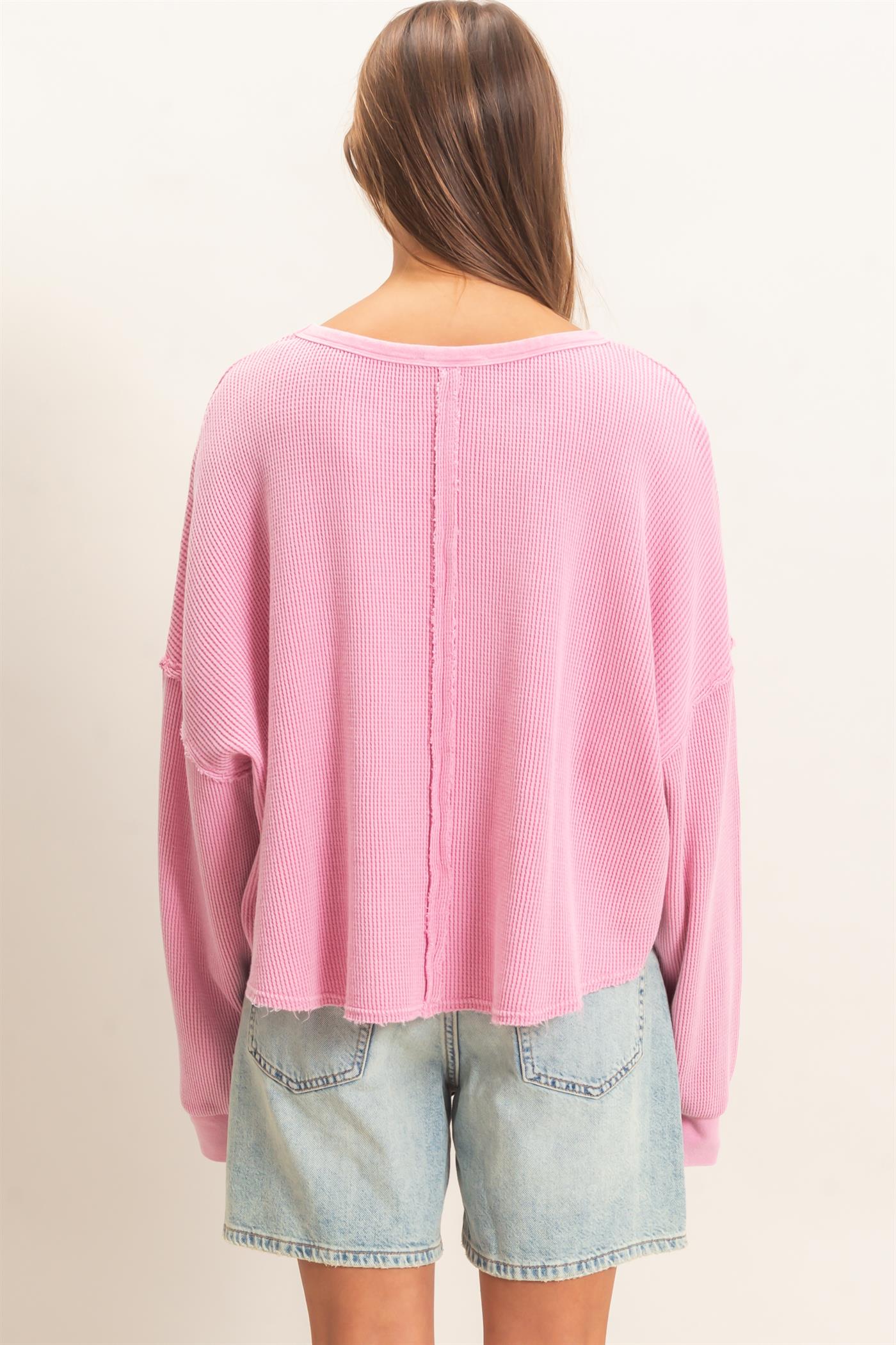 Wholesale Mineral Wash Waffle Oversized Top Clothing Tops DZ26E248 PINK DOUBLE ZERO