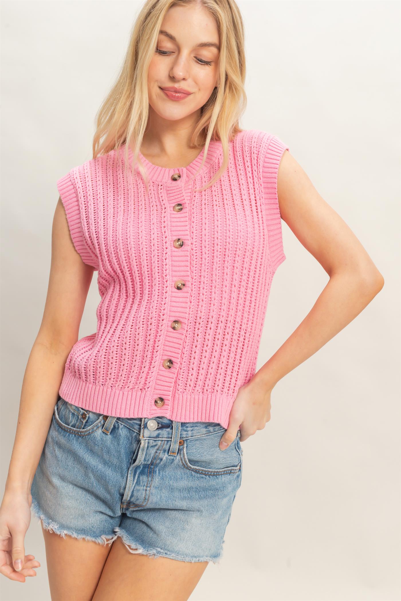Wholesale Sleeveless Ribbed Button Top Sweaters HF26A356 PINK HYFVE