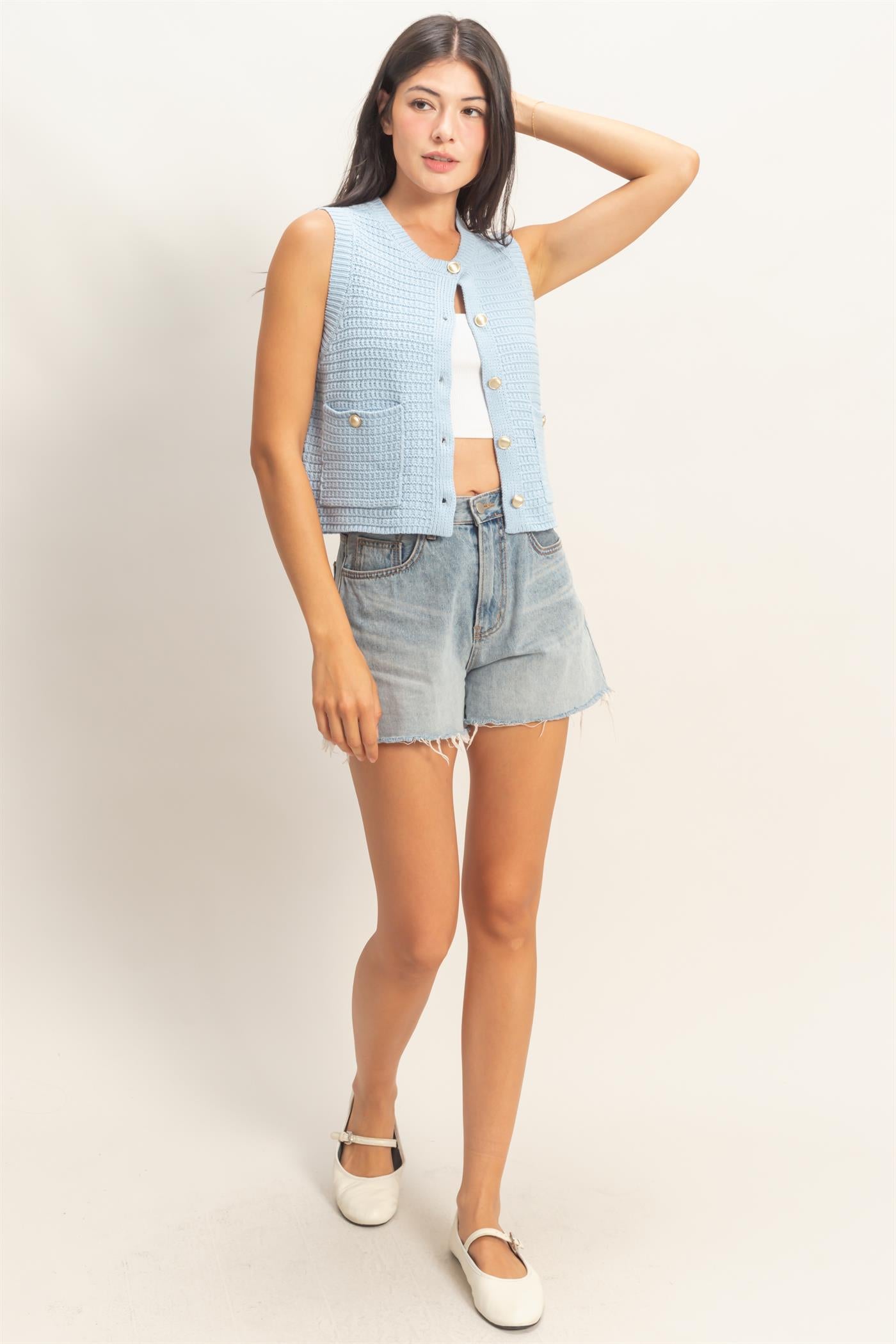 Wholesale Textured Button-Front Vest With Pocket Clothing Tops DZ26A448 ICE BLUE DOUBLE ZERO