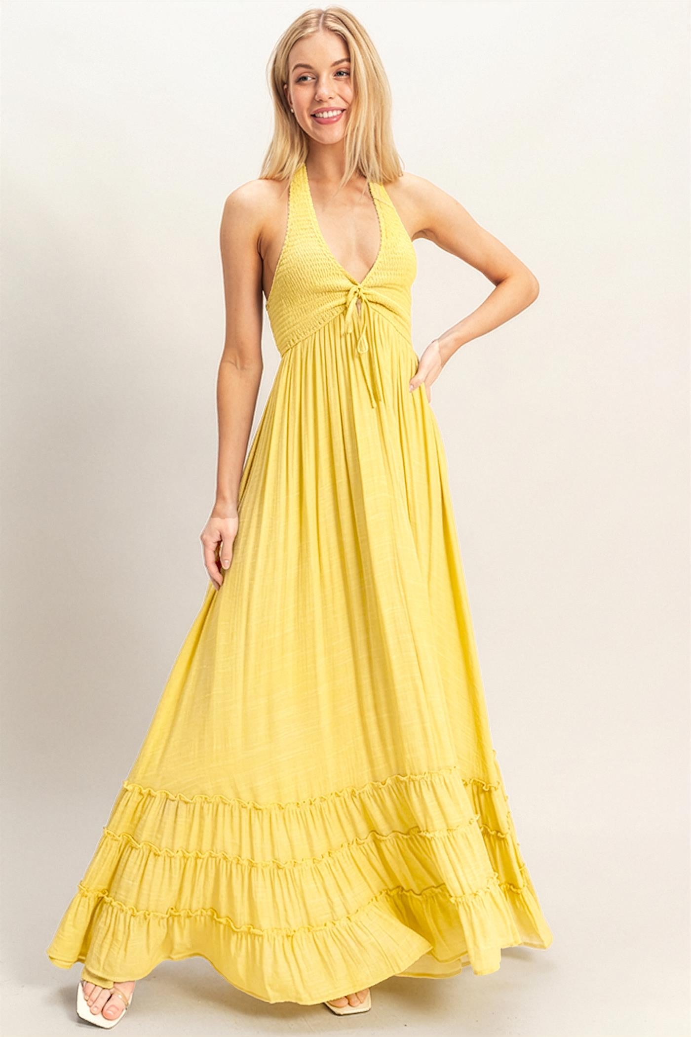 Wholesale Halter Neck Smocked Maxi Dress Dresses HF26C287-D LIGHT YELLOW HYFVE