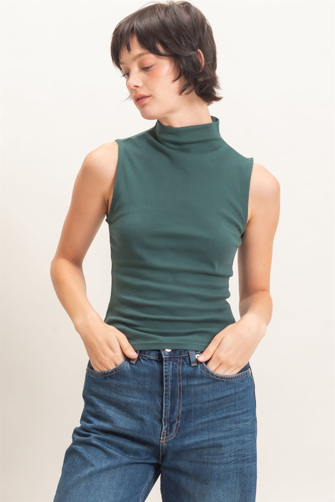 Wholesale Sleeveless Mock Neck Top Clothing Tops DZ26E397 DARK GREEN DOUBLE ZERO