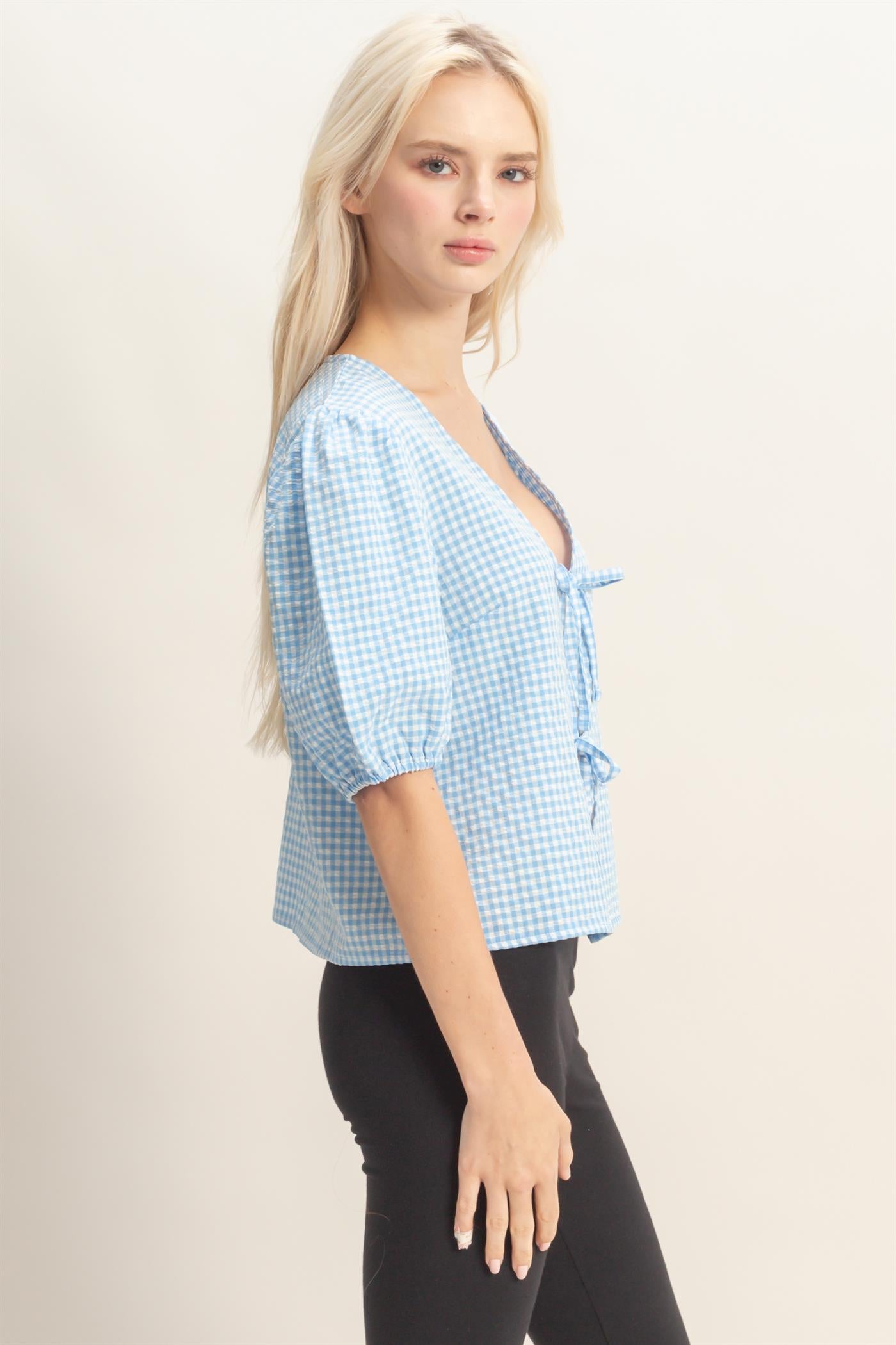 Wholesale Gingham Bow Tie Puff Sleeve Blouse Blouses DZ26C229 BLUE DOUBLE ZERO