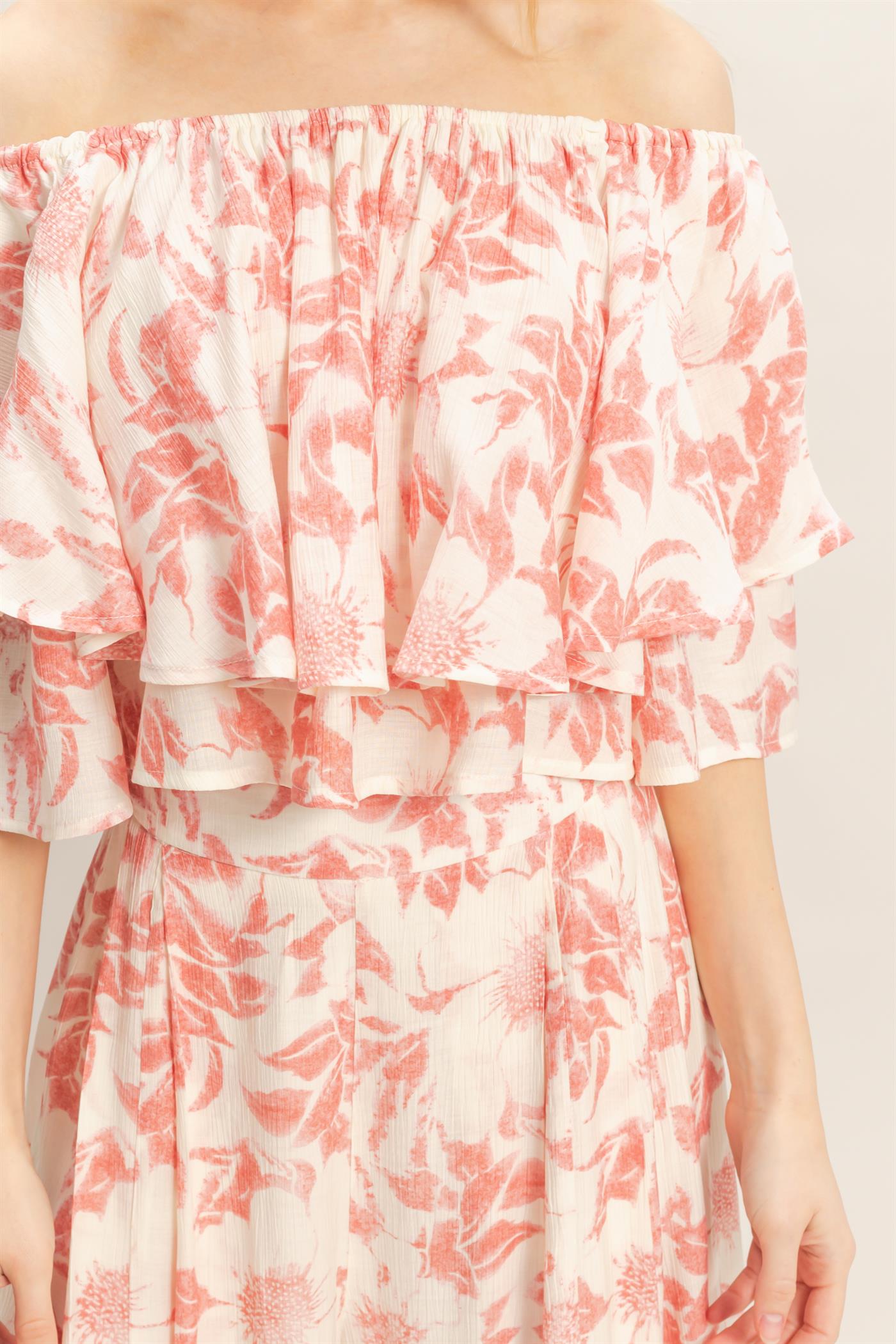 Wholesale Floral Off-Shoulder Top & Pants Set Clothing Tops HF26C832-SET CORAL HYFVE