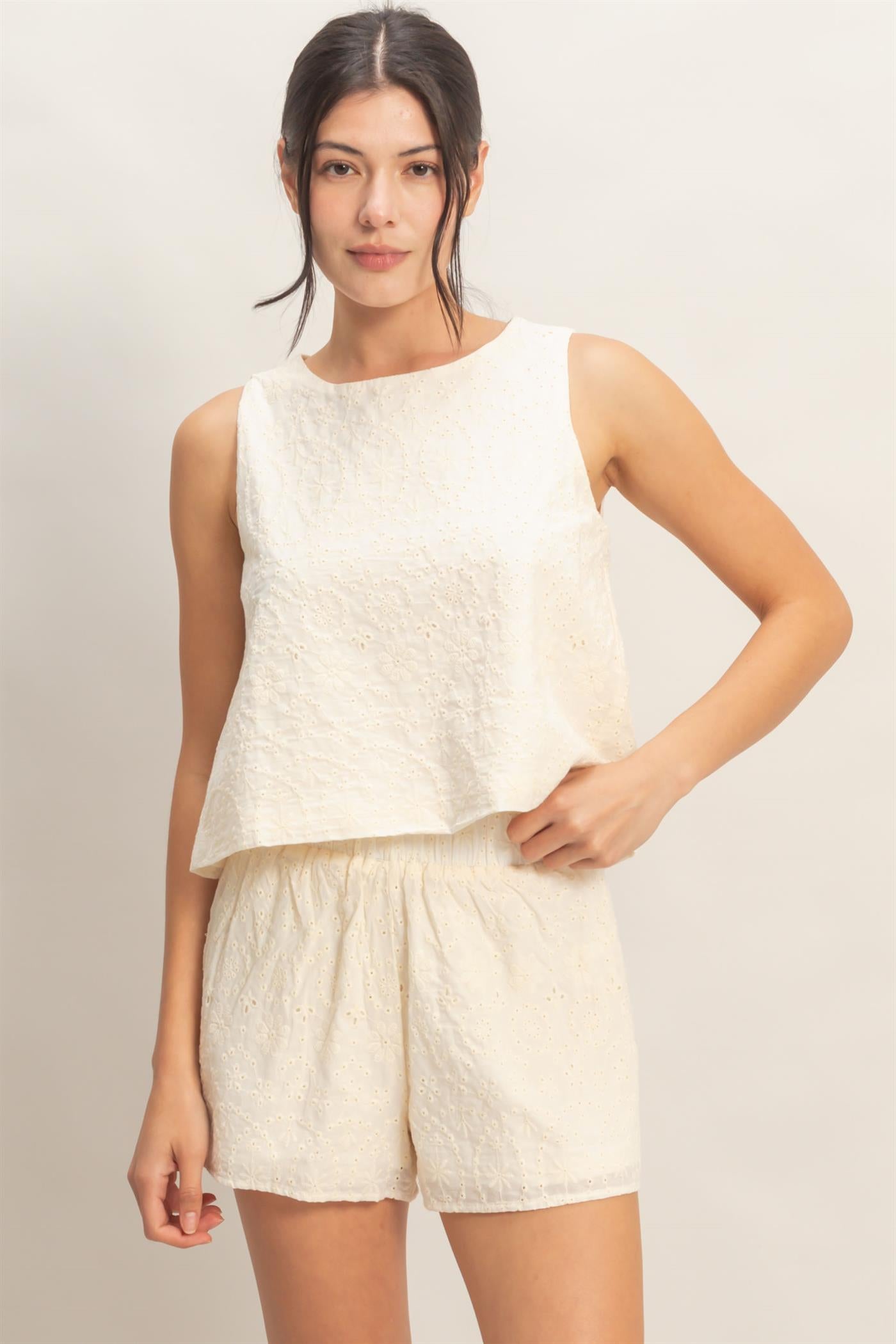 Wholesale Eyelet Sleeveless Top & Shorts Set Clothing HF26C216-SET CREAM HYFVE