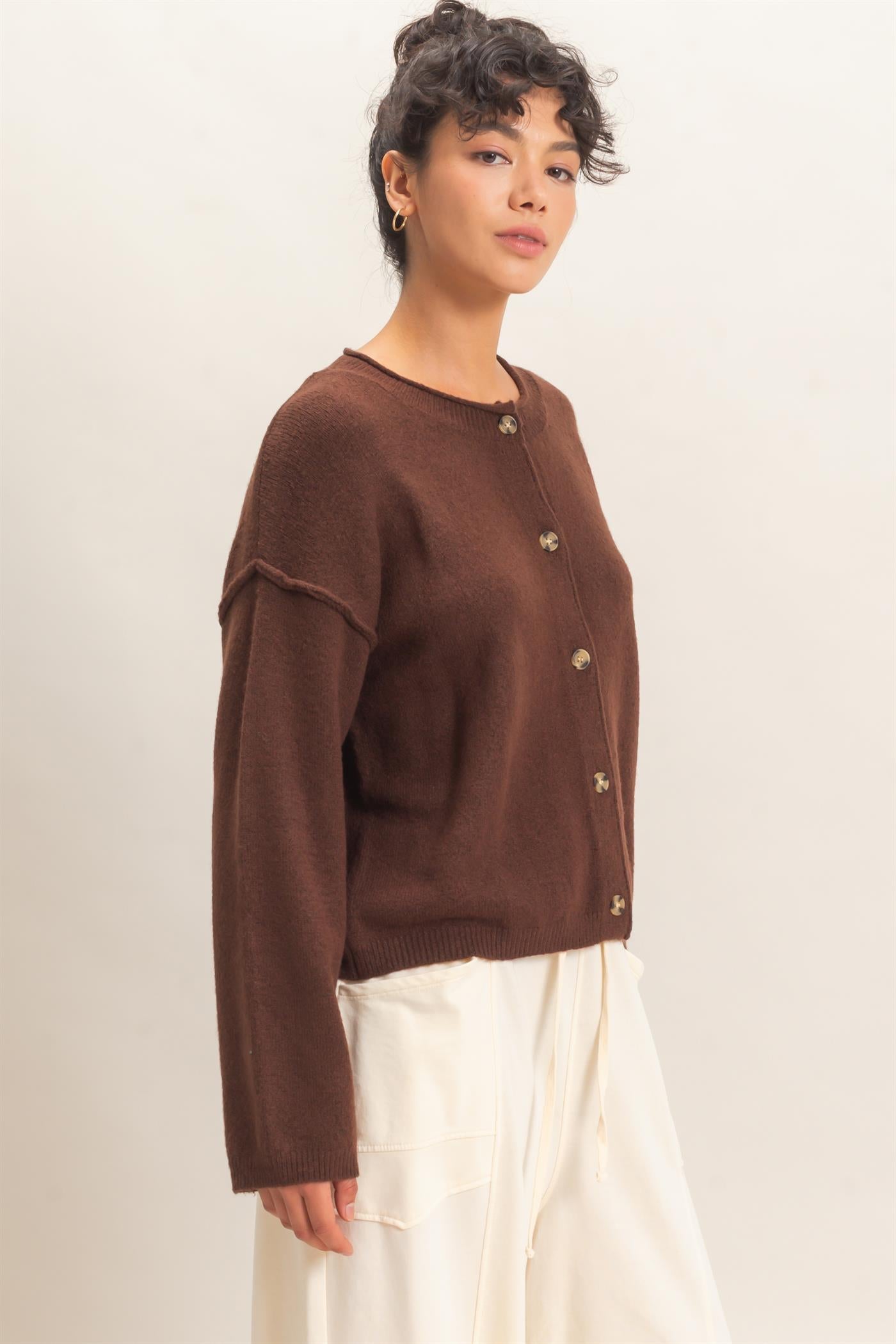Wholesale Crew Neck Loose Fit Cardigan Cardigans DZ26E269 DARK BROWN DOUBLE ZERO
