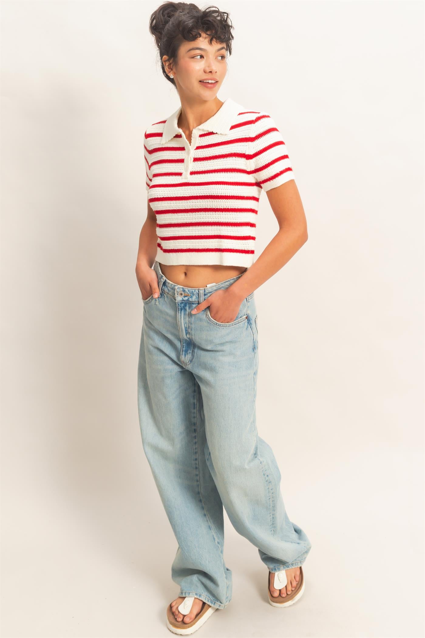 Wholesale Short Sleeve Striped Knit Polo Clothing Tops DZ26A603 RED DOUBLE ZERO