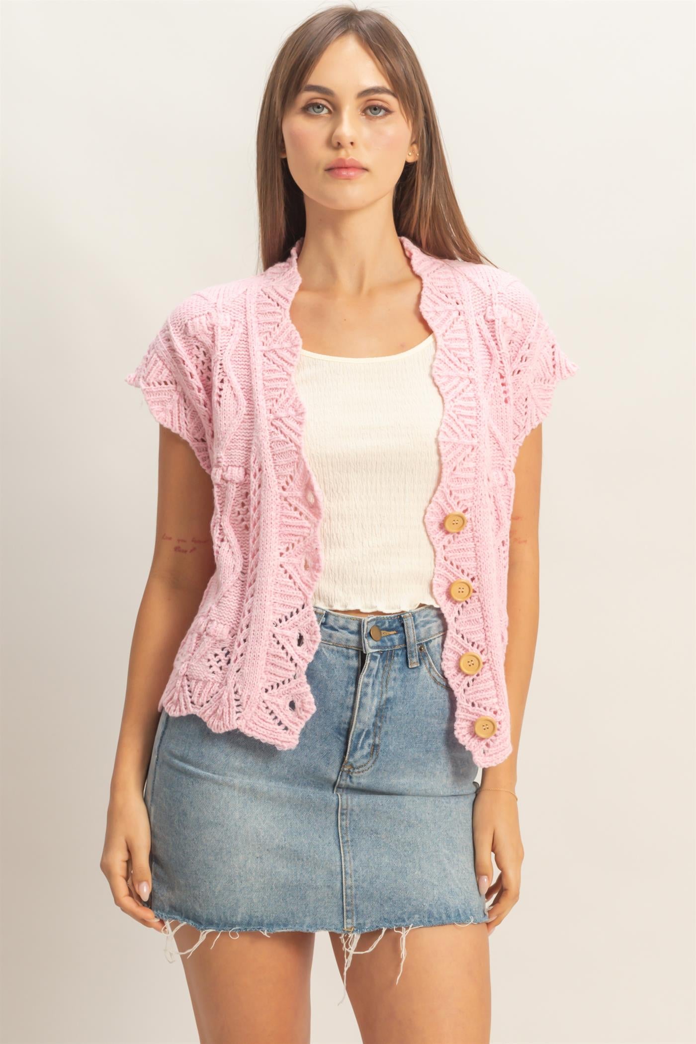 Wholesale Button-Front Crochet Sweater Sweaters HF26A826 PINK HYFVE