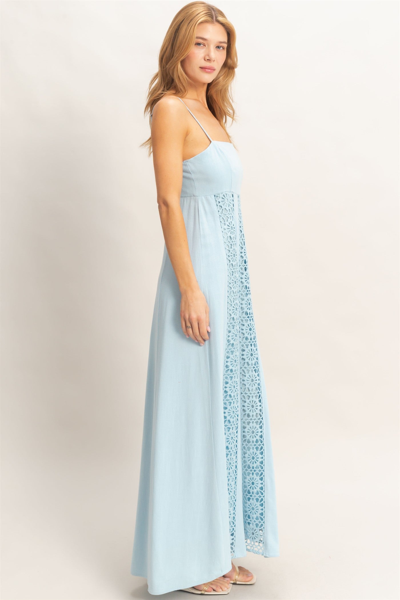 Wholesale Woven Lace Trim Maxi Dress Dresses HF26A498 LIGHT BLUE HYFVE