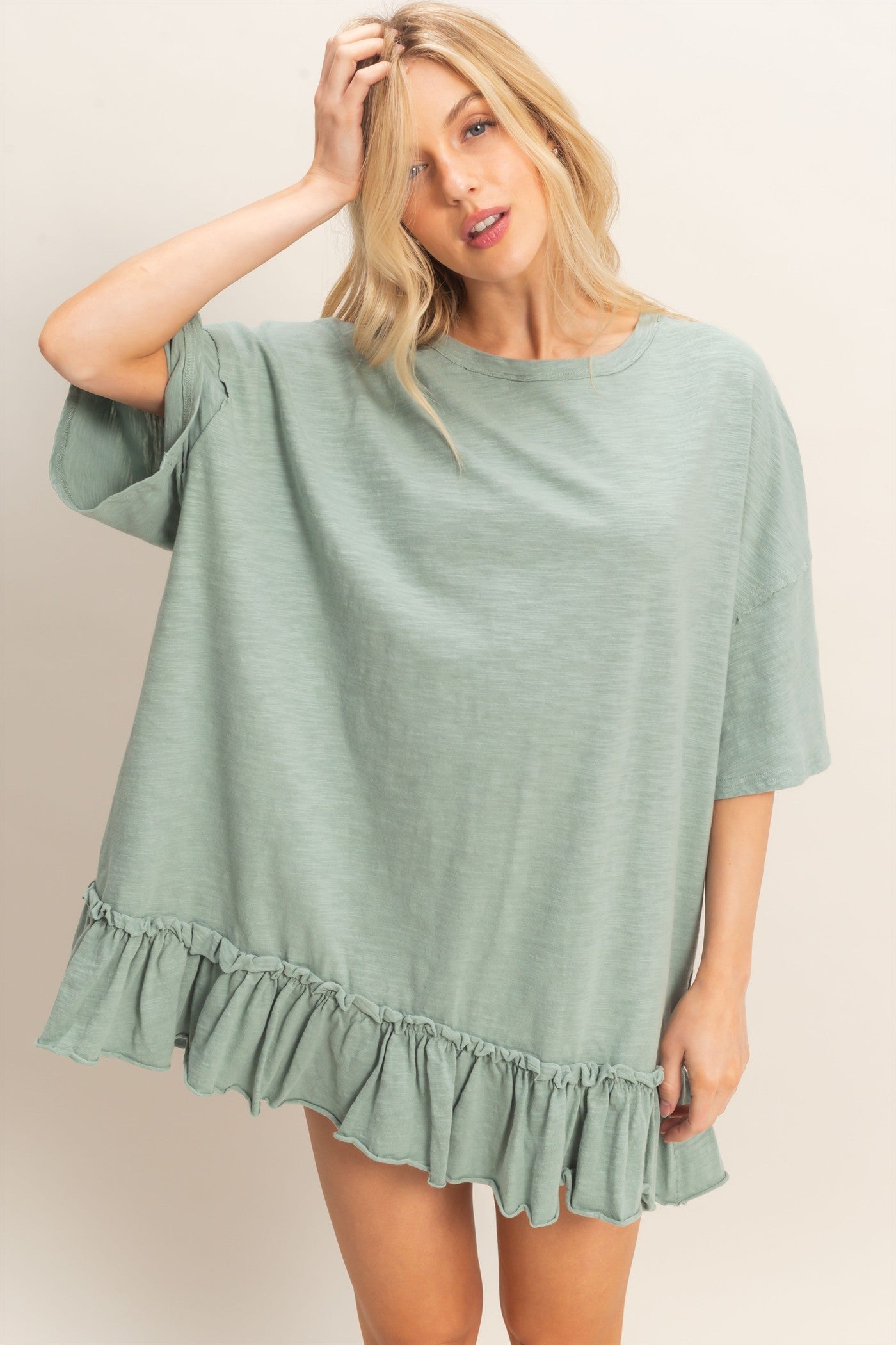 Wholesale Ruffled Hem Oversized Tunic Dresses HF26A785 SAGE HYFVE