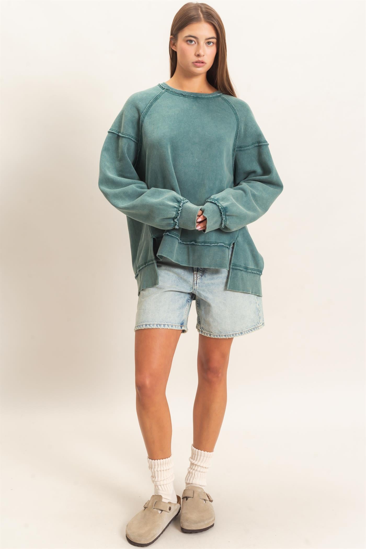 Wholesale Acid Wash Raw Edge Sweatshirt Sweatshirts DZ26C910 DARK TEAL DOUBLE ZERO