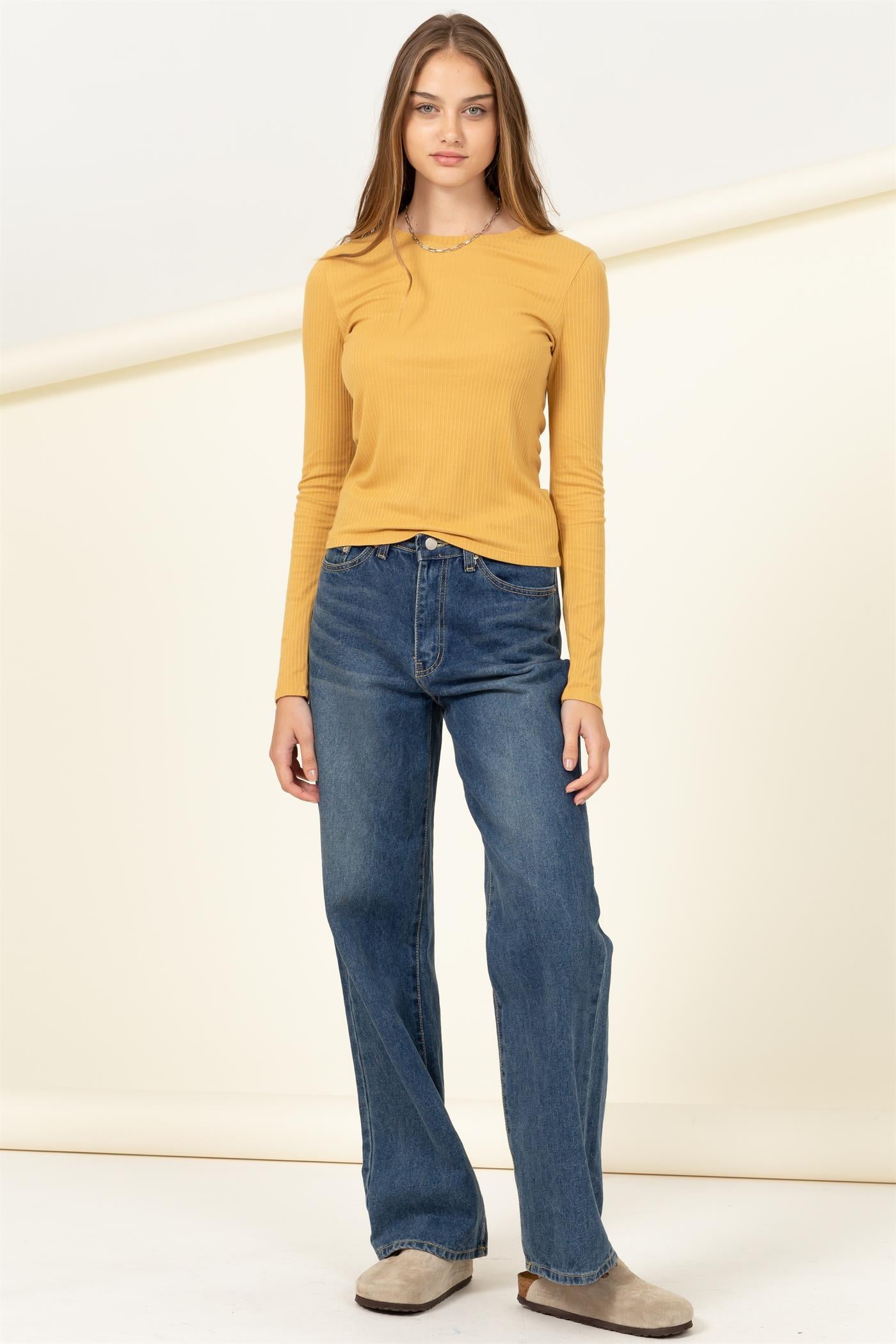 Wholesale Basic Ribbed Knit Top Clothing Tops DZ21G039 HONEY MUSTARD DOUBLE ZERO