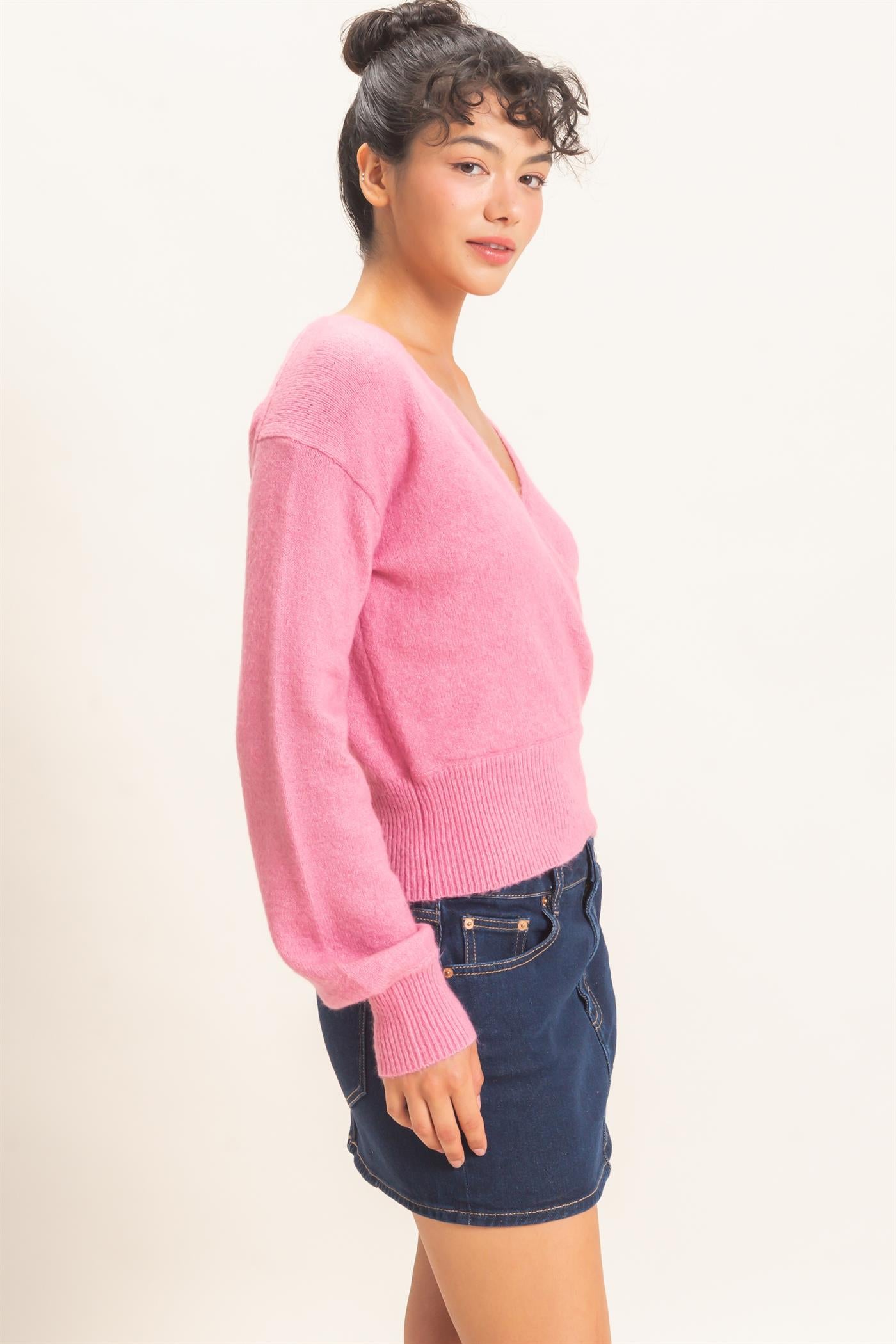 Wholesale Wrap V Neck Sweater Sweaters DZ26E948 PINK DOUBLE ZERO