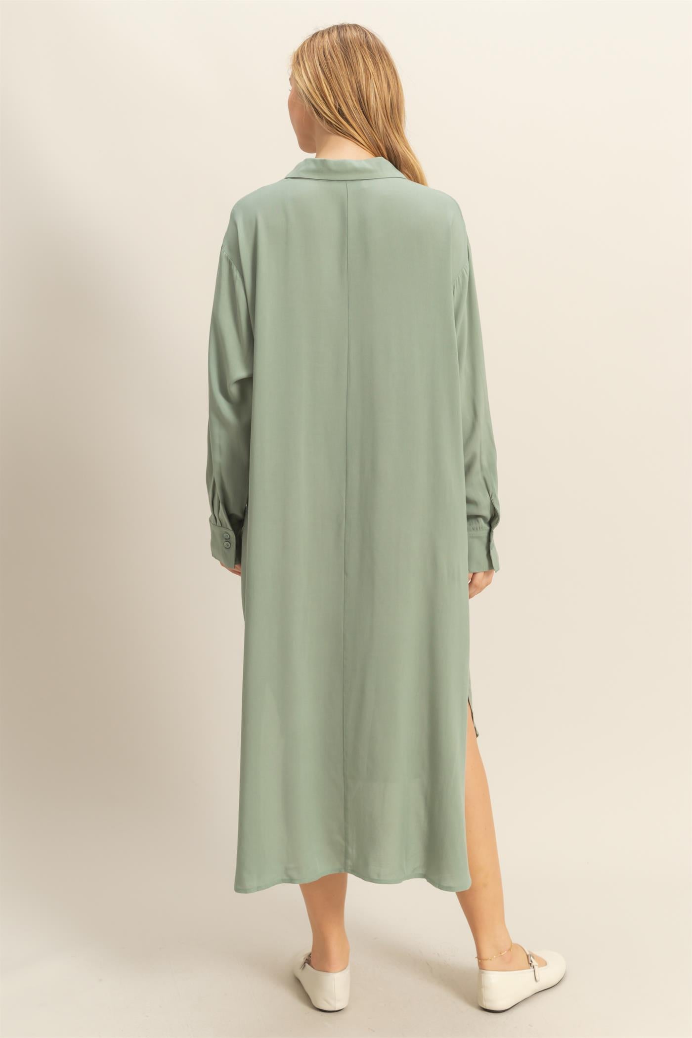 Wholesale V-Neck Long Sleeved Midi Shirts Dress Dresses DZ24E706 SAGE GREEN DOUBLE ZERO