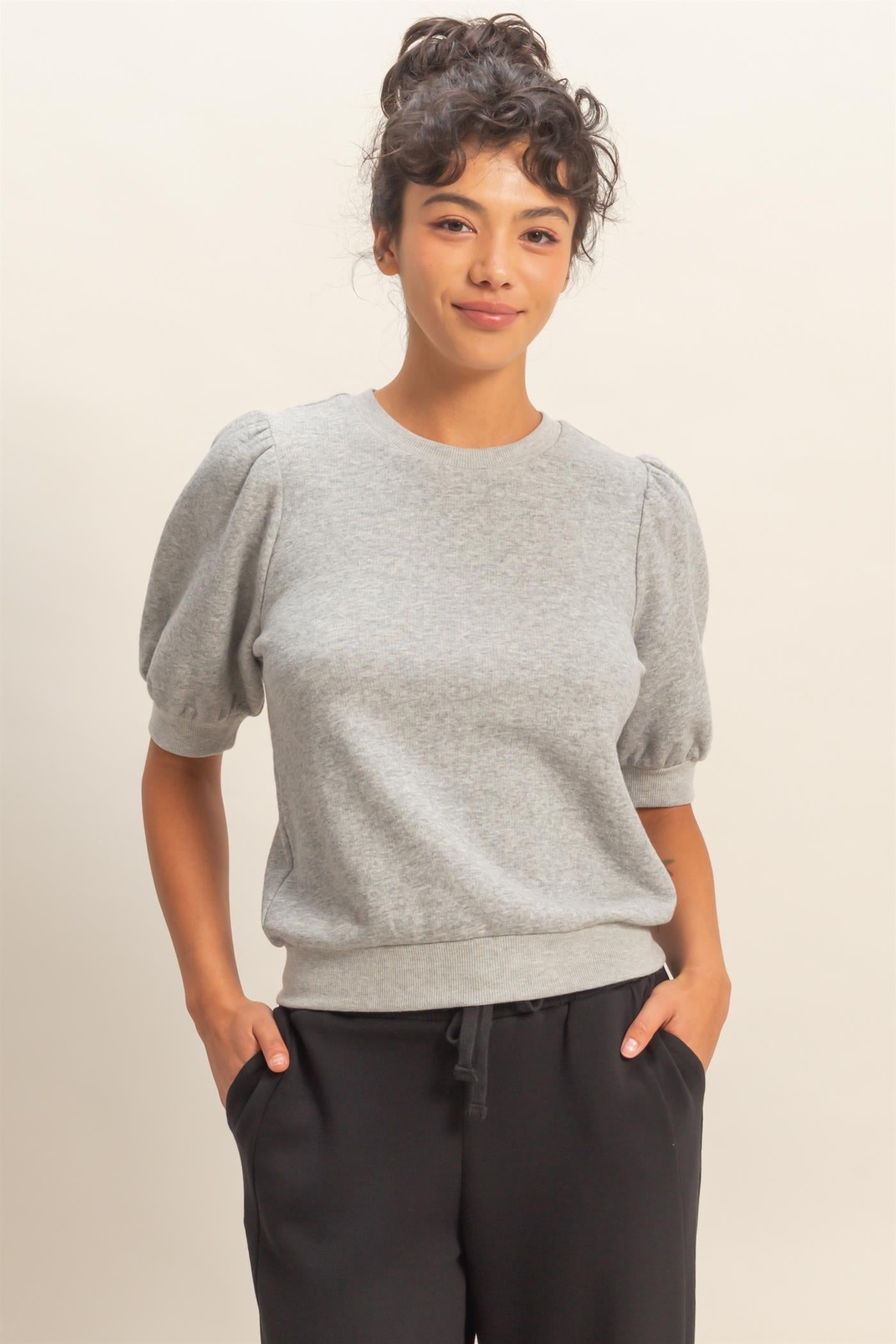 Wholesale Puff Short Sleeve Crew Neck Top Clothing Tops DZ26A927 HEATHER GRAY DOUBLE ZERO