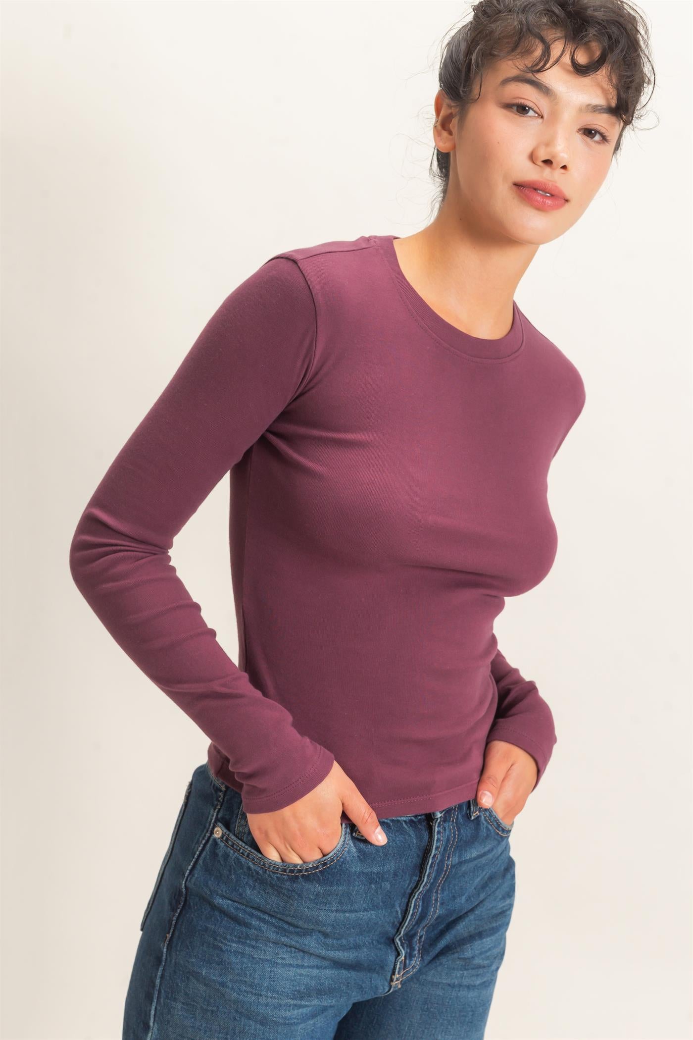 Wholesale Crew Neck Long Sleeve Top Clothing Tops DZ26E184 DARK CHERRY DOUBLE ZERO