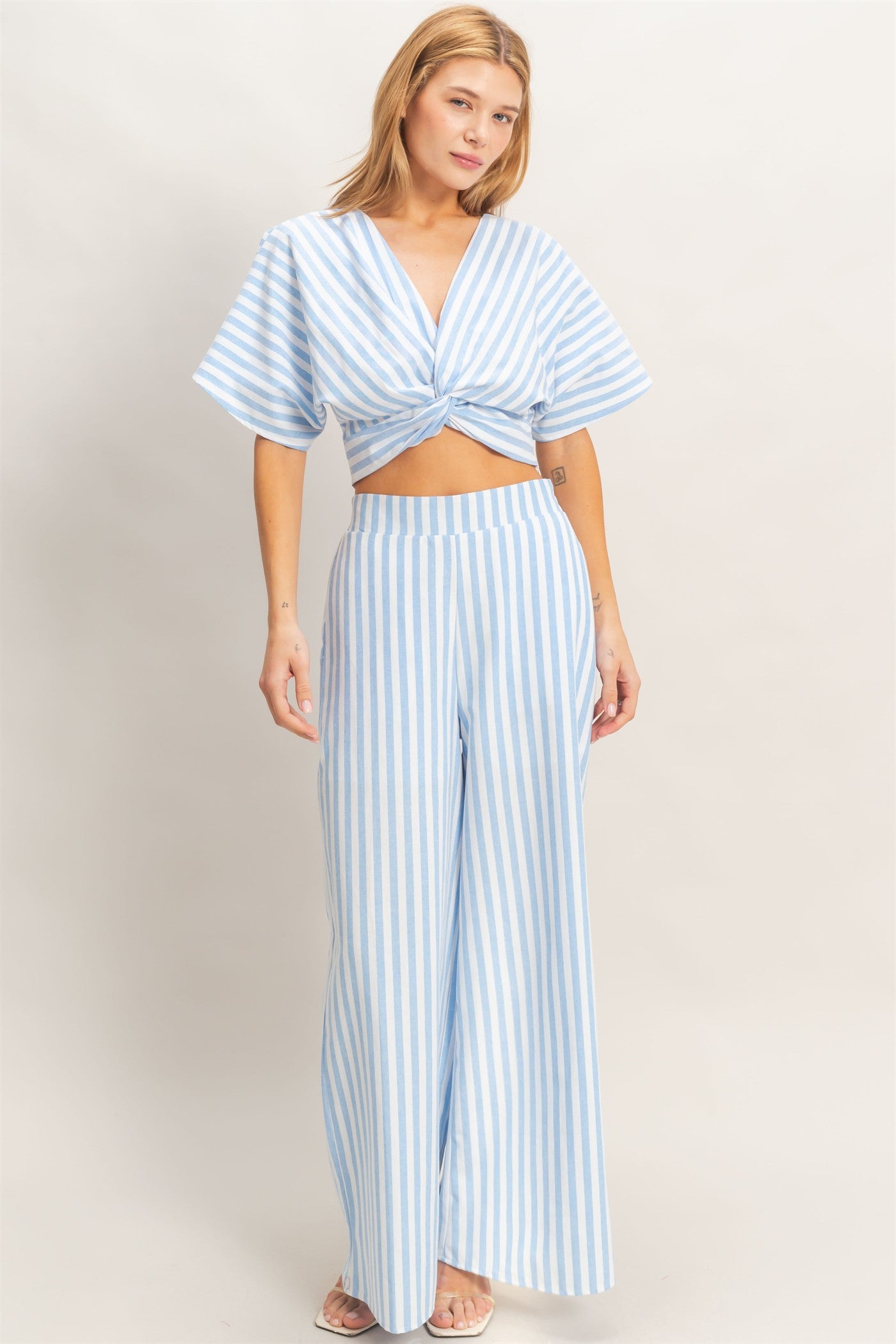 Wholesale Striped Twist Front Top & Pants Clothing HF26A692-SET BLUE DOUBLE ZERO