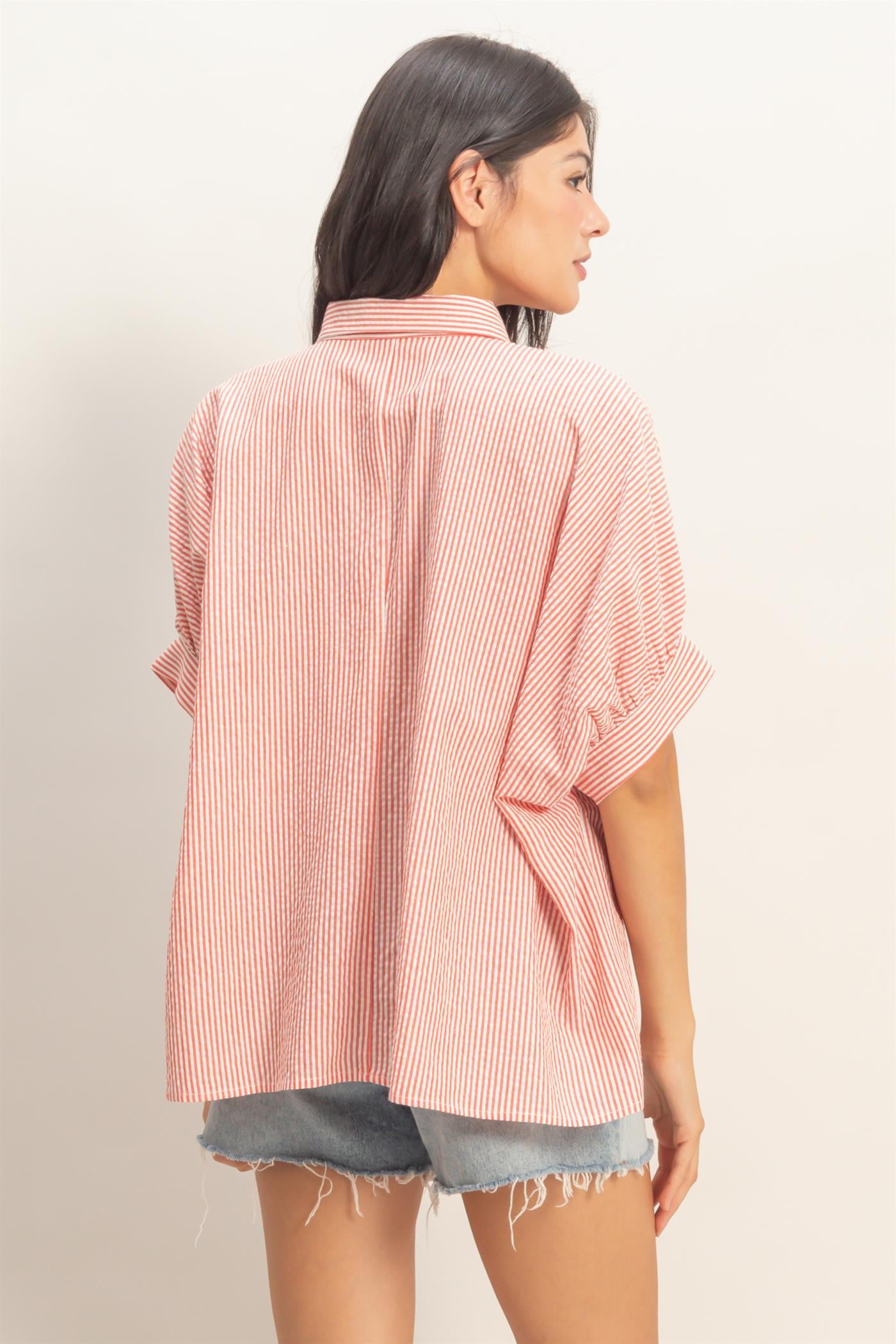 Wholesale Striped Short Sleeve Button-Front Blouse T-Shirts DZ26C276 RED DOUBLE ZERO