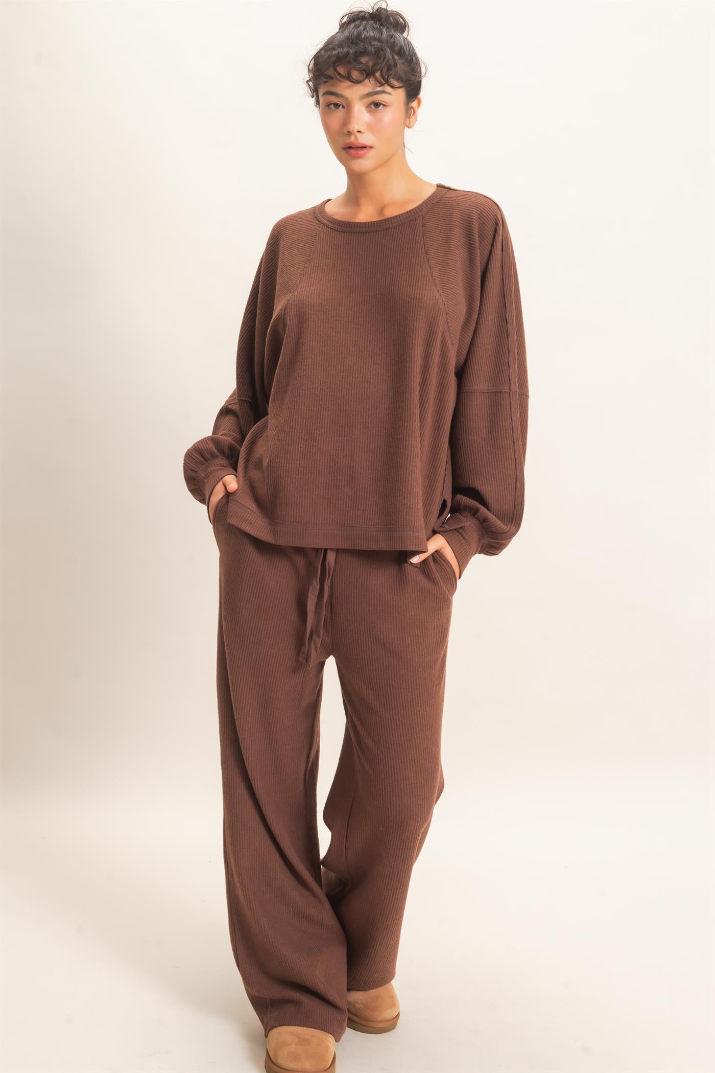 Wholesale Brushed Waffle Long Sleeve Top Clothing Tops DZ26F312 DARK BROWN DOUBLE ZERO
